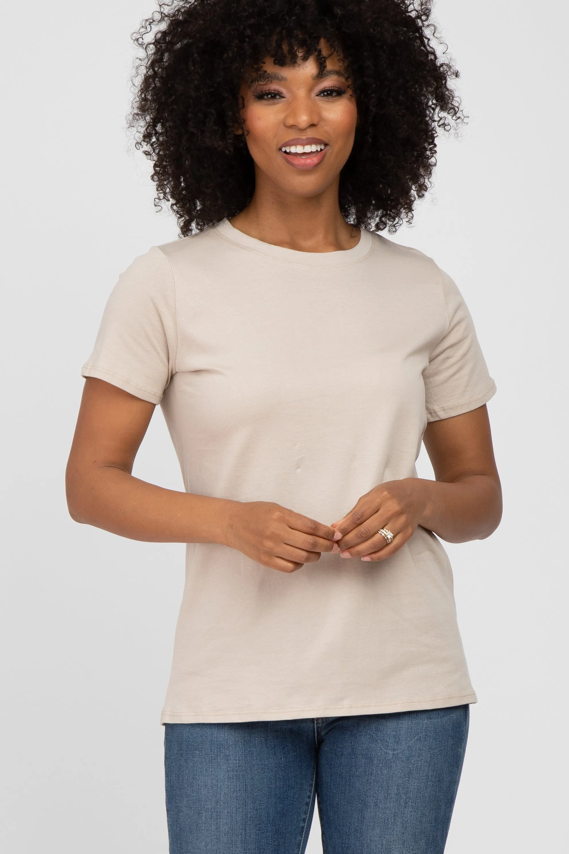 Beige Basic Short Sleeve Top