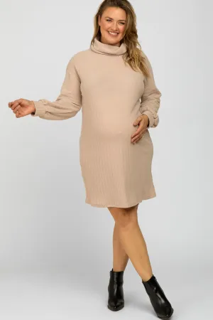 Beige Brushed Rib Turtleneck Maternity Plus Dress