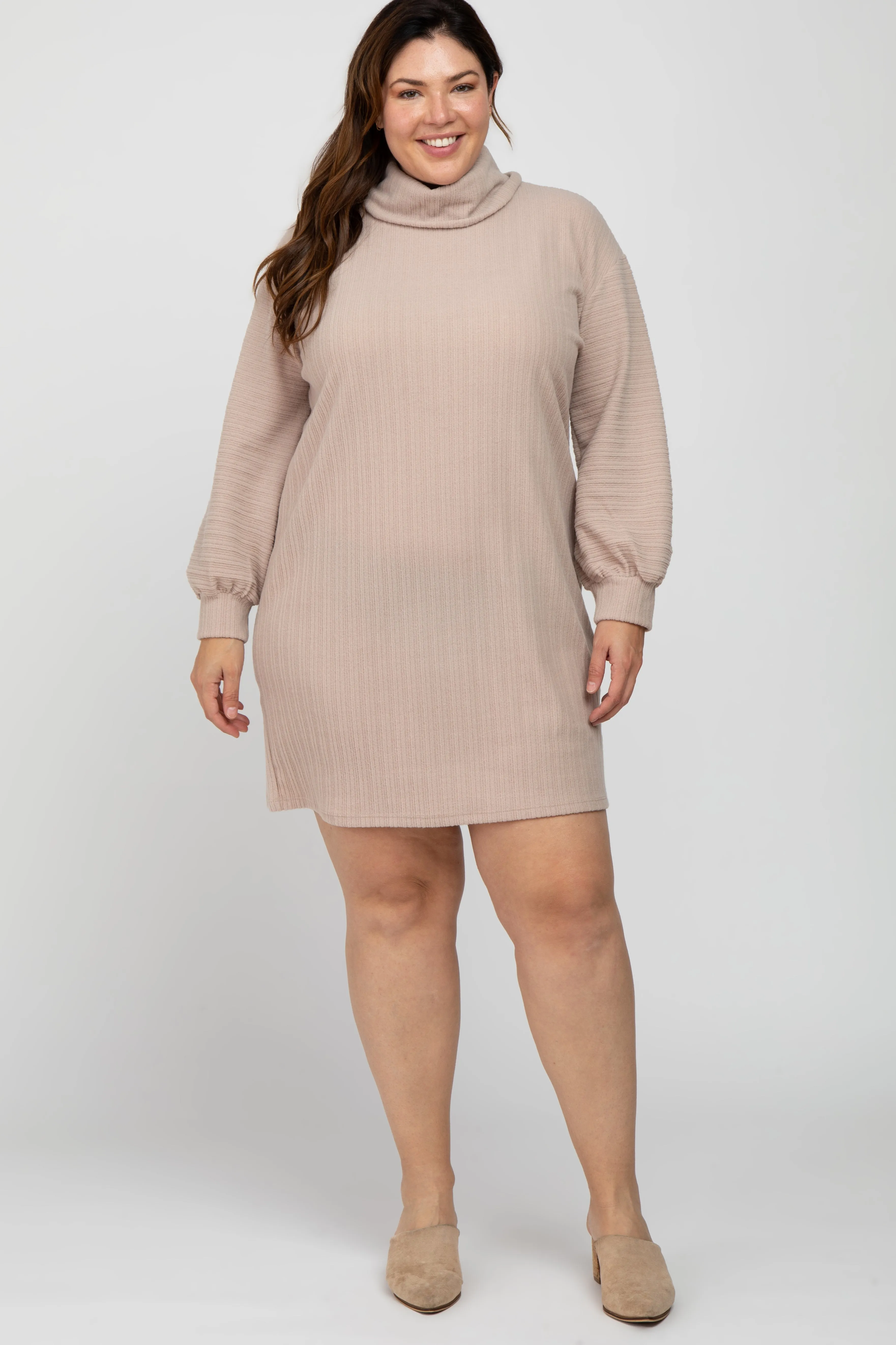 Beige Brushed Rib Turtleneck Maternity Plus Dress