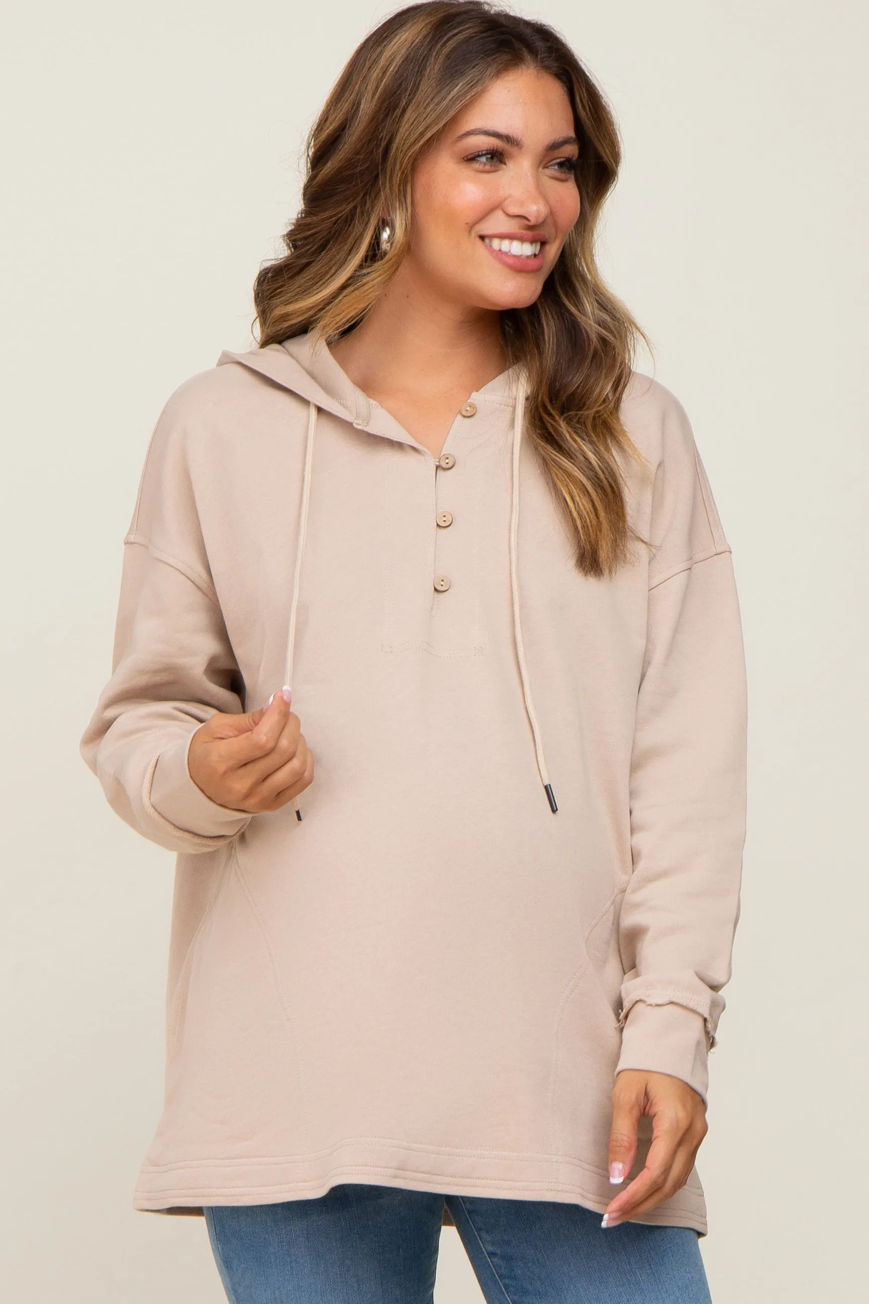 Beige Button Front Hooded Maternity Top