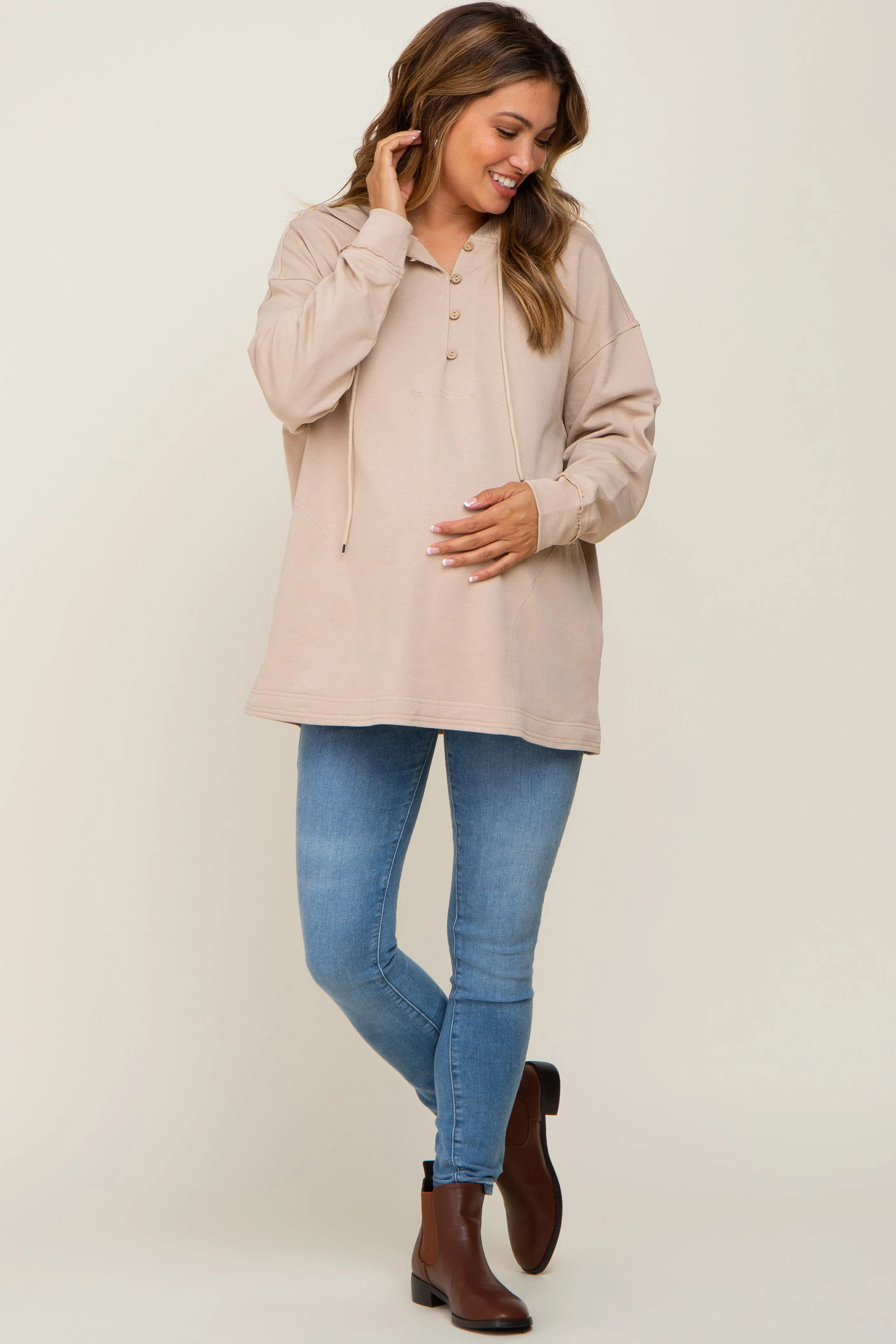 Beige Button Front Hooded Maternity Top