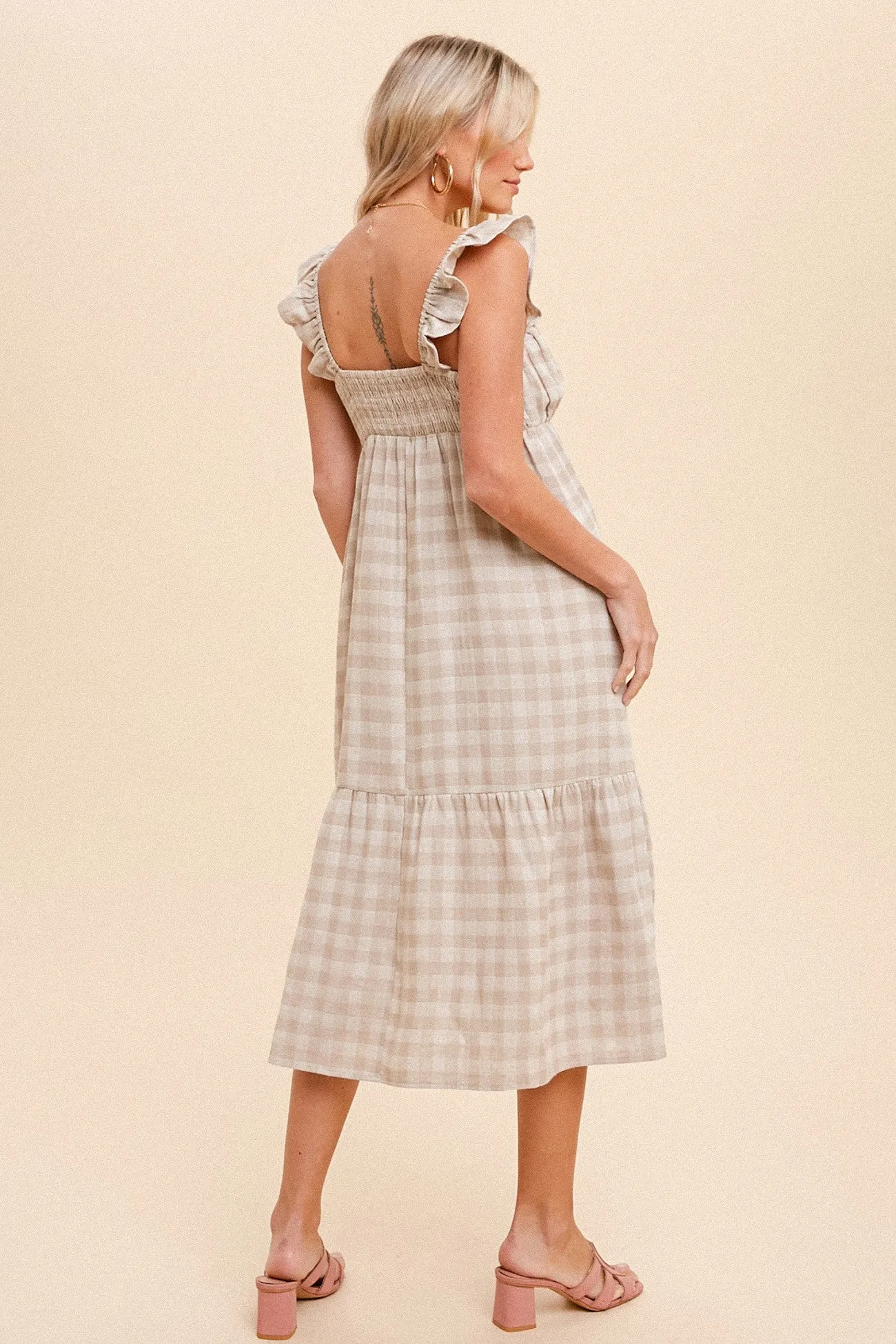 Beige Checkered Linen Sweetheart Neck Ruffle Strap Midi Dress