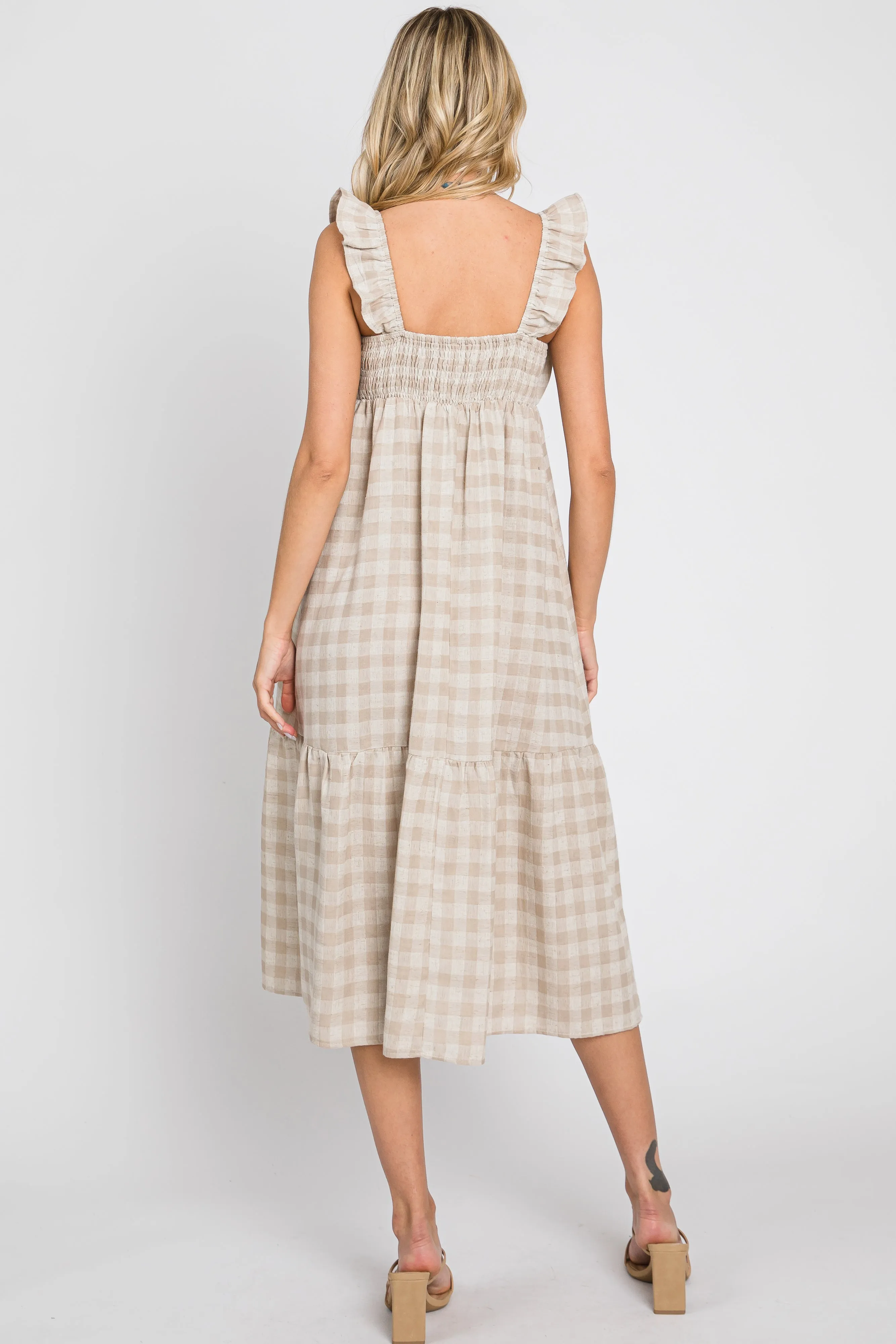 Beige Checkered Linen Sweetheart Neck Ruffle Strap Midi Dress