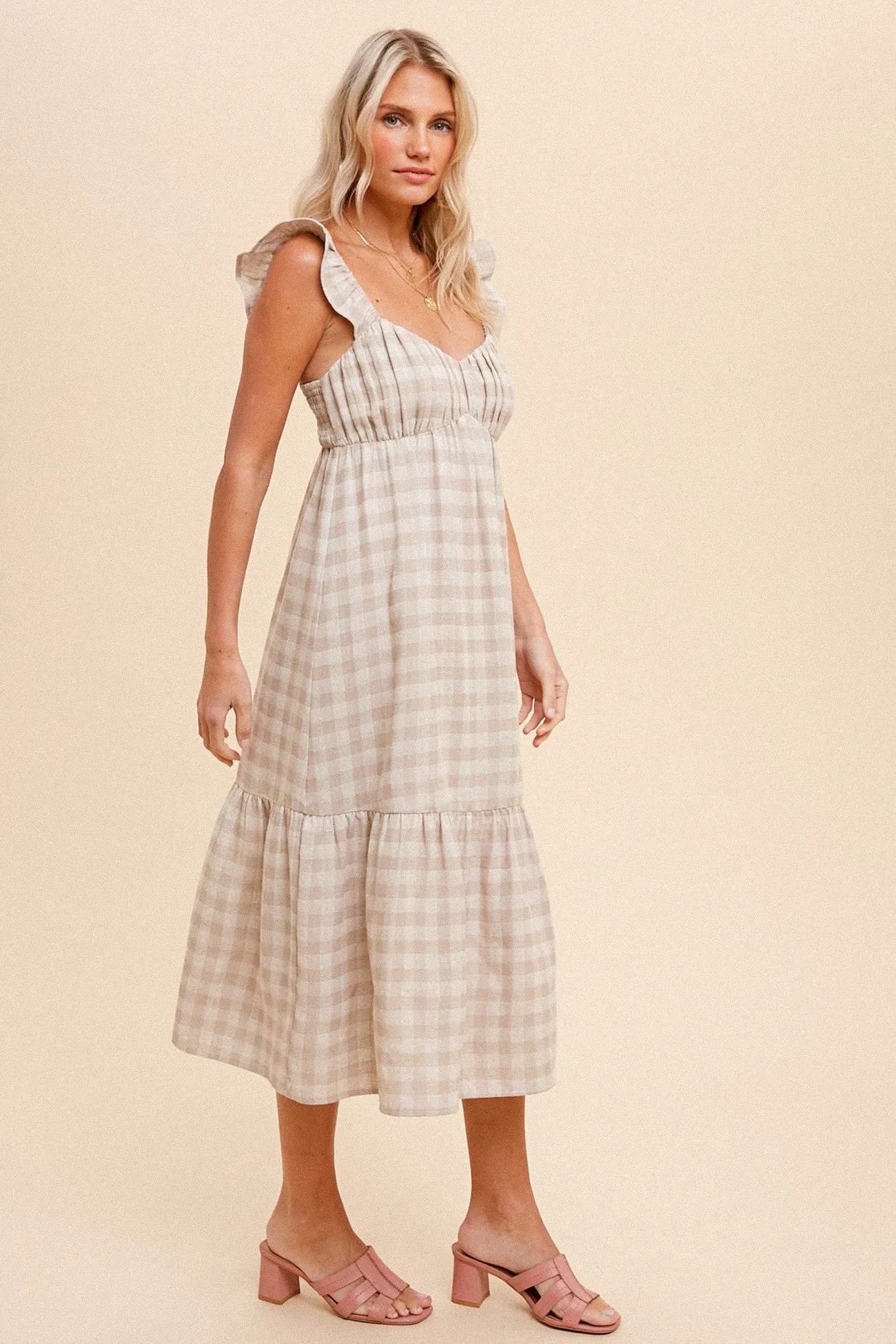 Beige Checkered Linen Sweetheart Neck Ruffle Strap Midi Dress