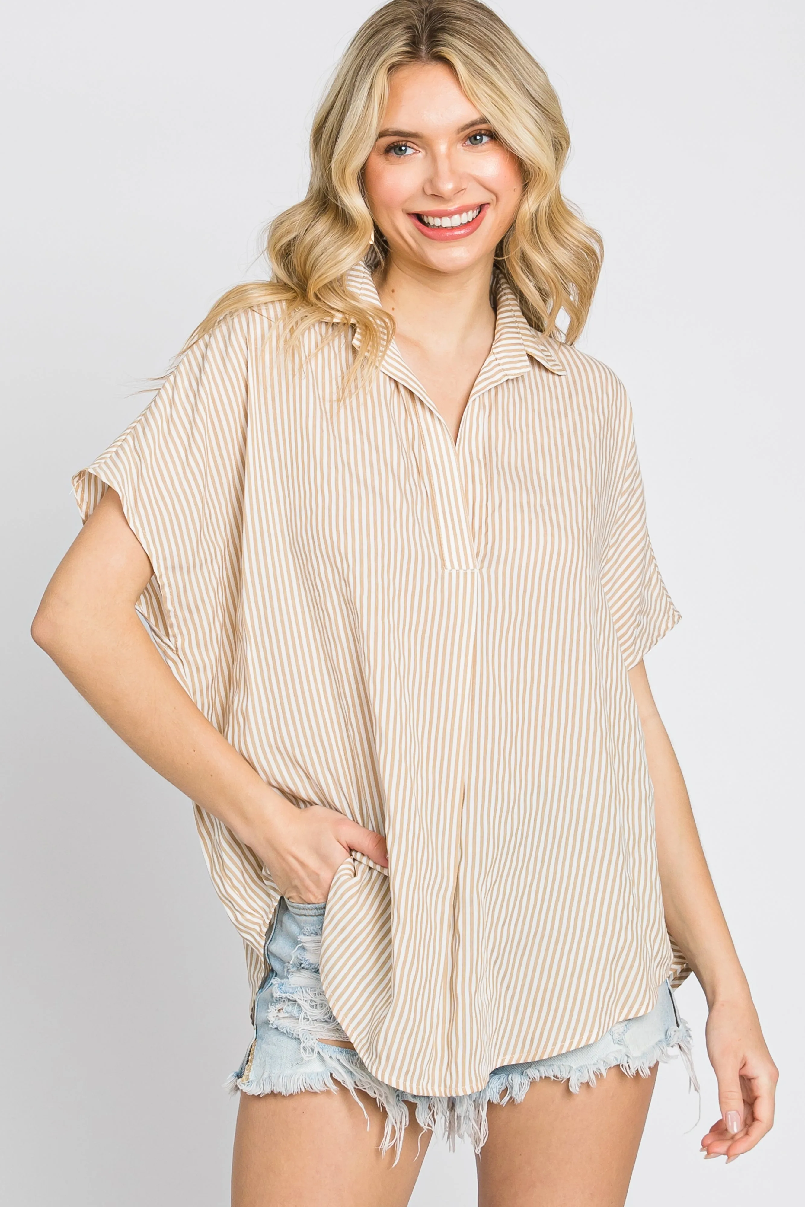 Beige Collared Short Sleeve Top