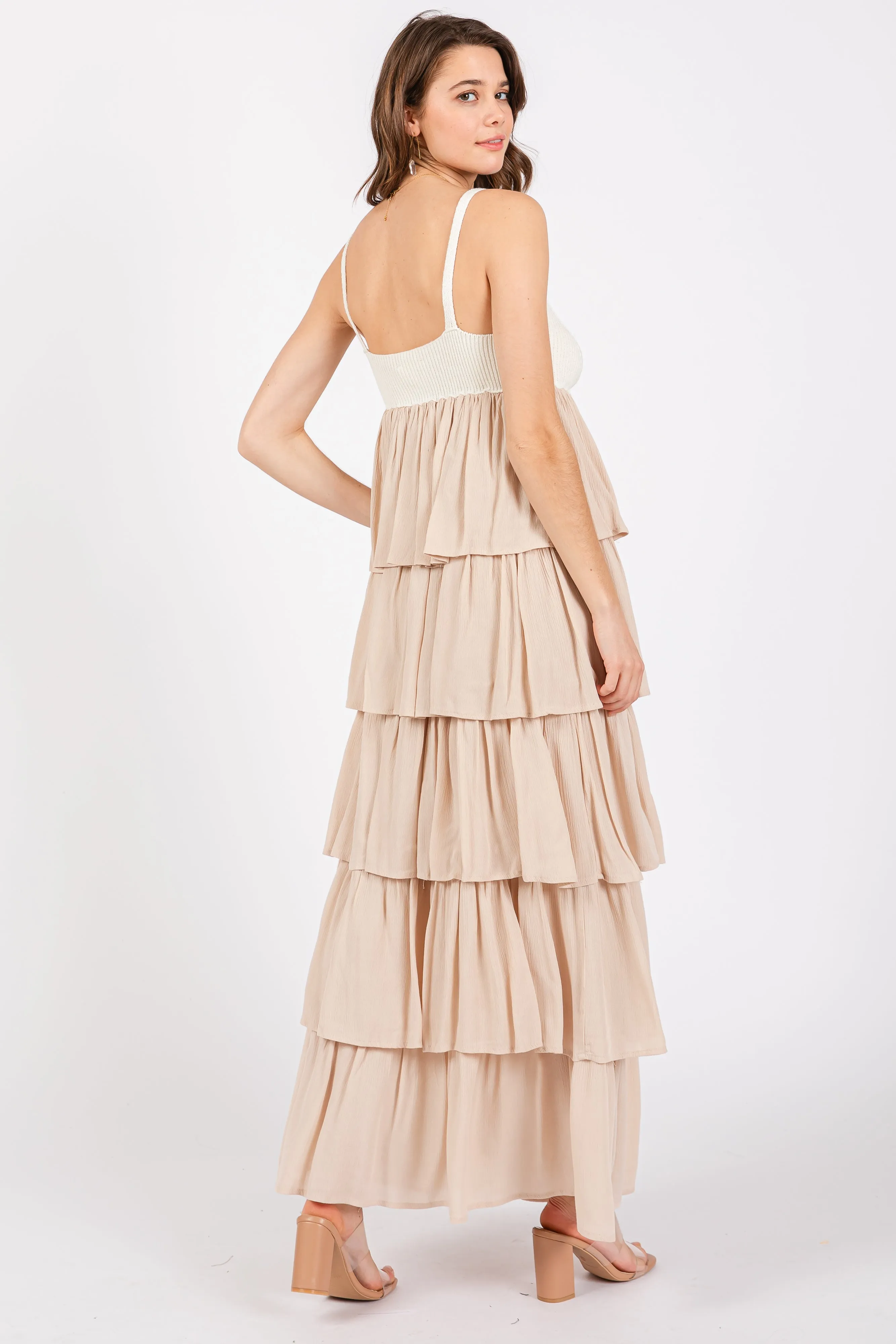 Beige Colorblock Crochet Tiered Maxi Dress