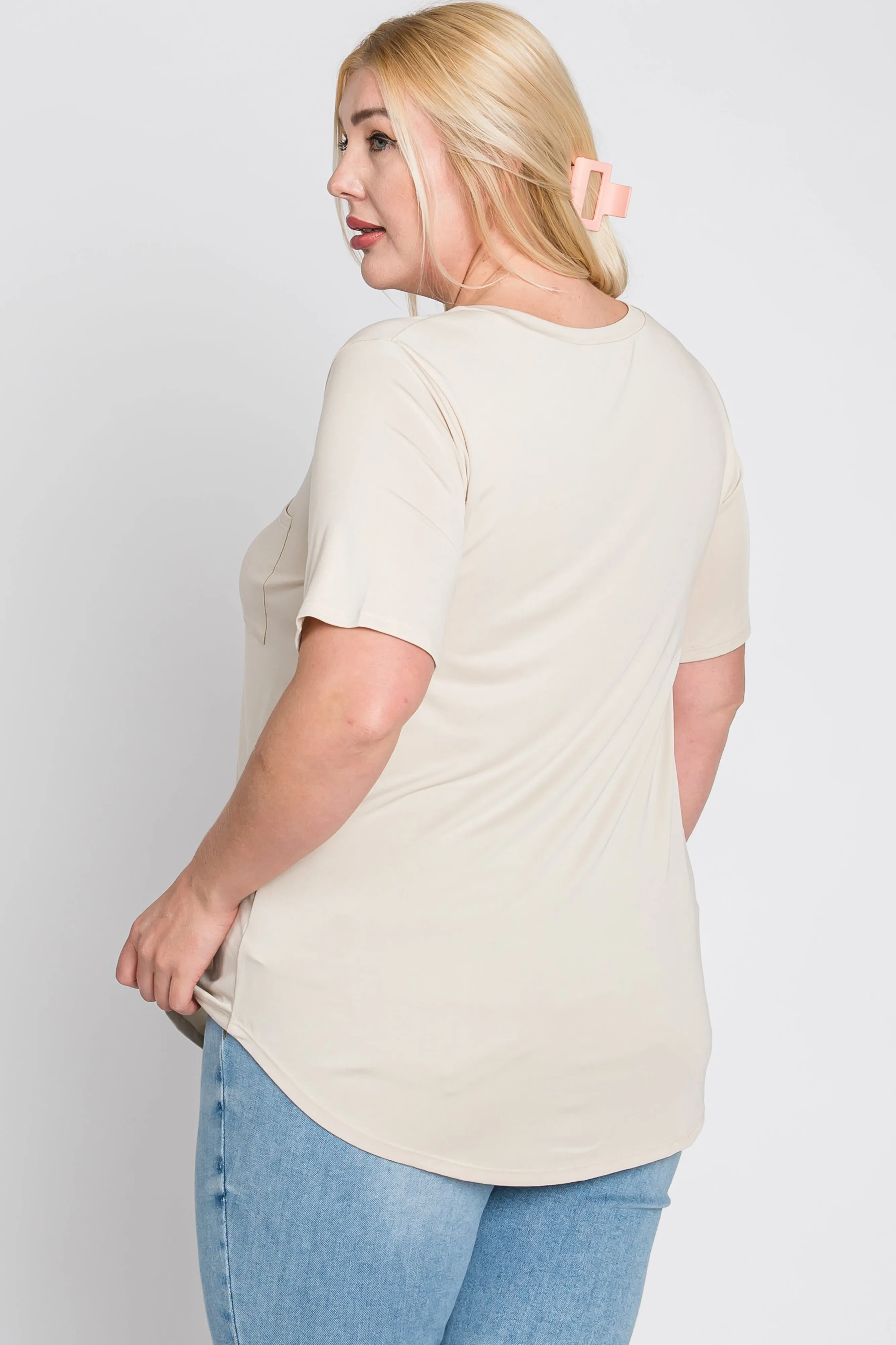 Beige Crew Neck Front Pocket Short Sleeve Plus Top