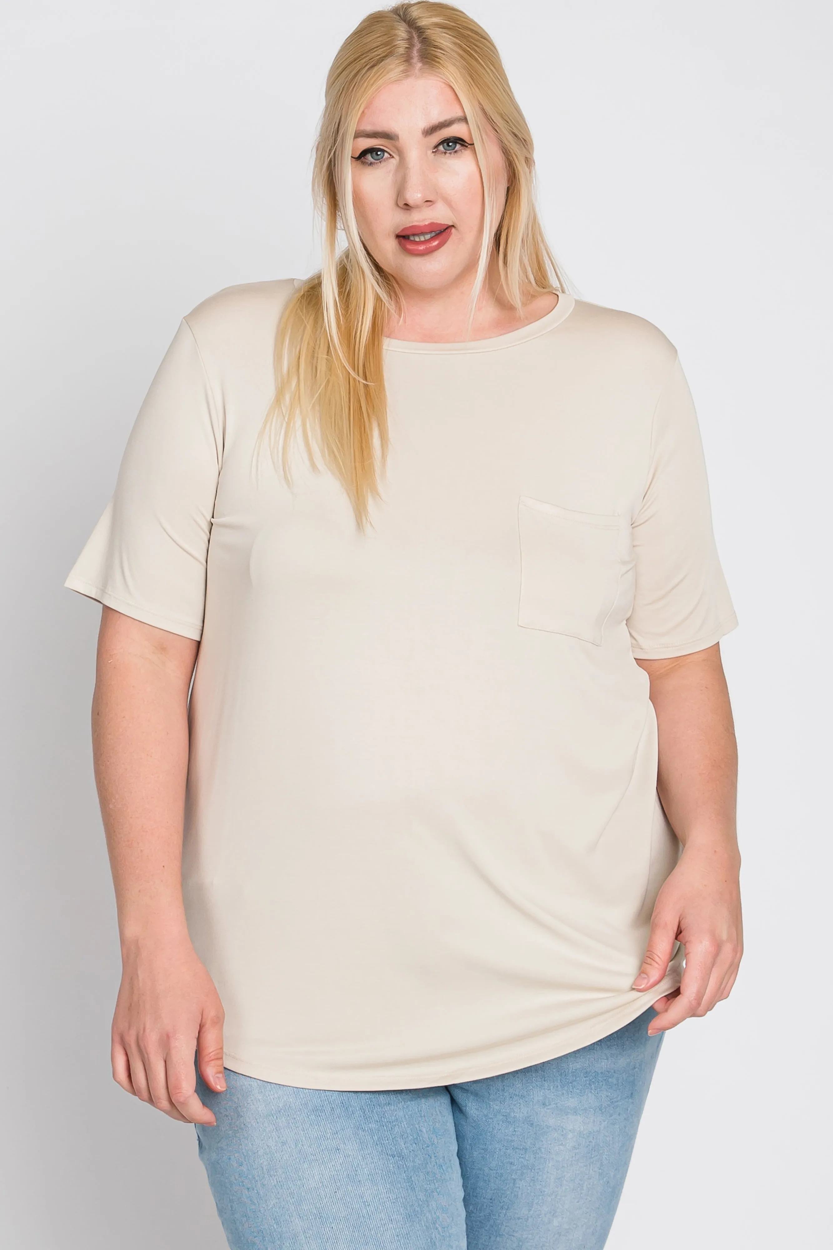 Beige Crew Neck Front Pocket Short Sleeve Plus Top