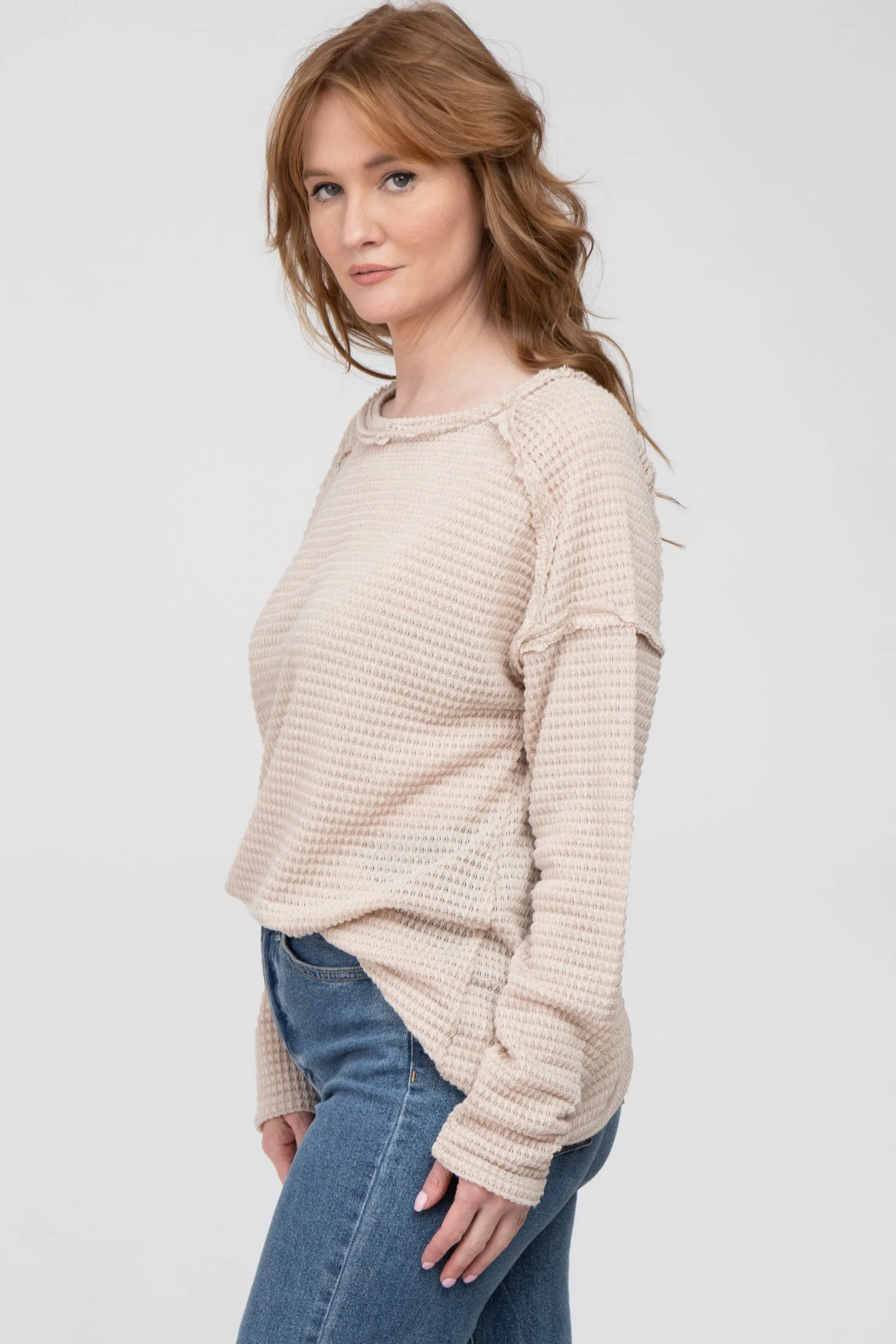 Beige Exposed Seam Long Sleeve Top