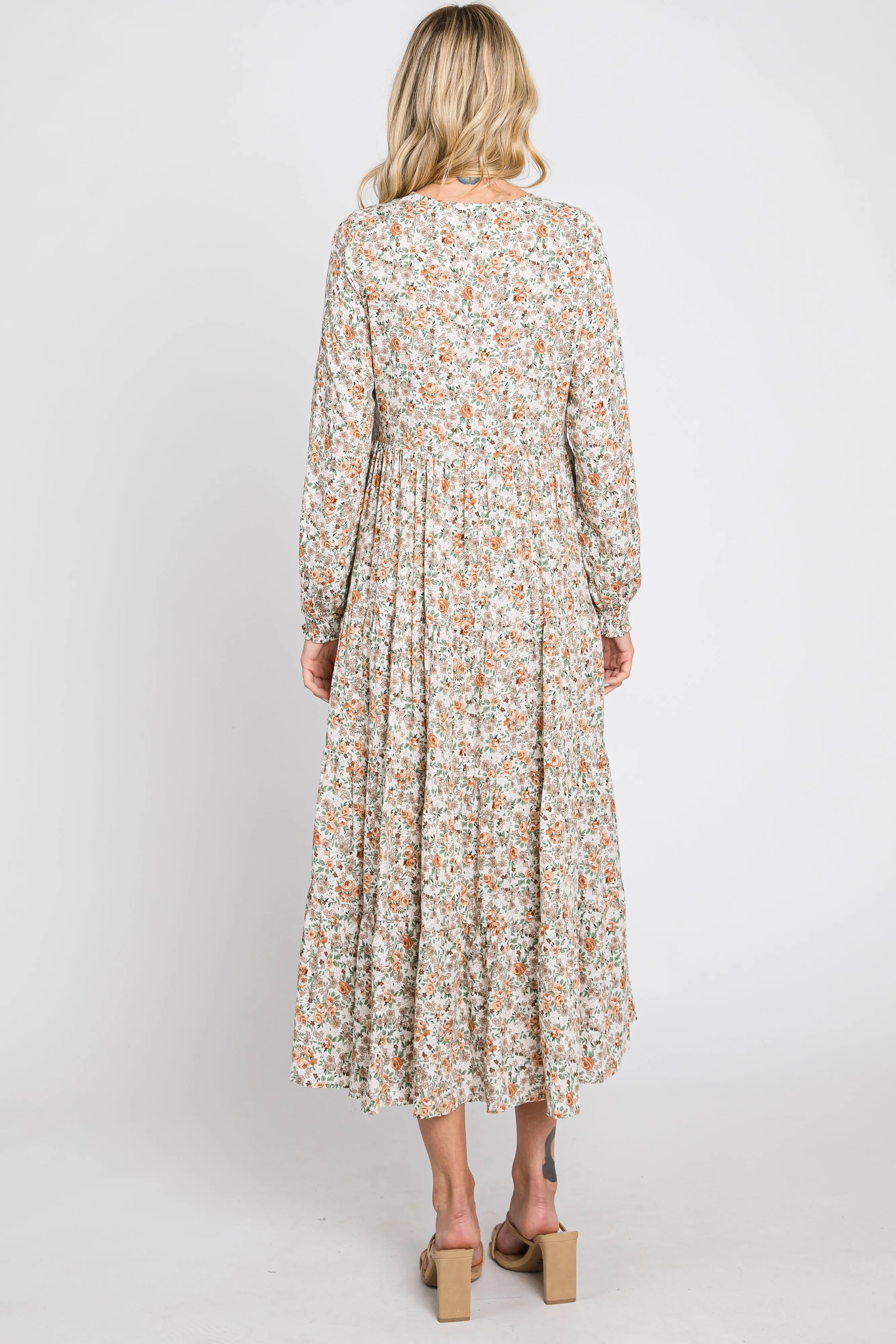 Beige Floral Button Front Long Sleeve Tiered Midi Dress