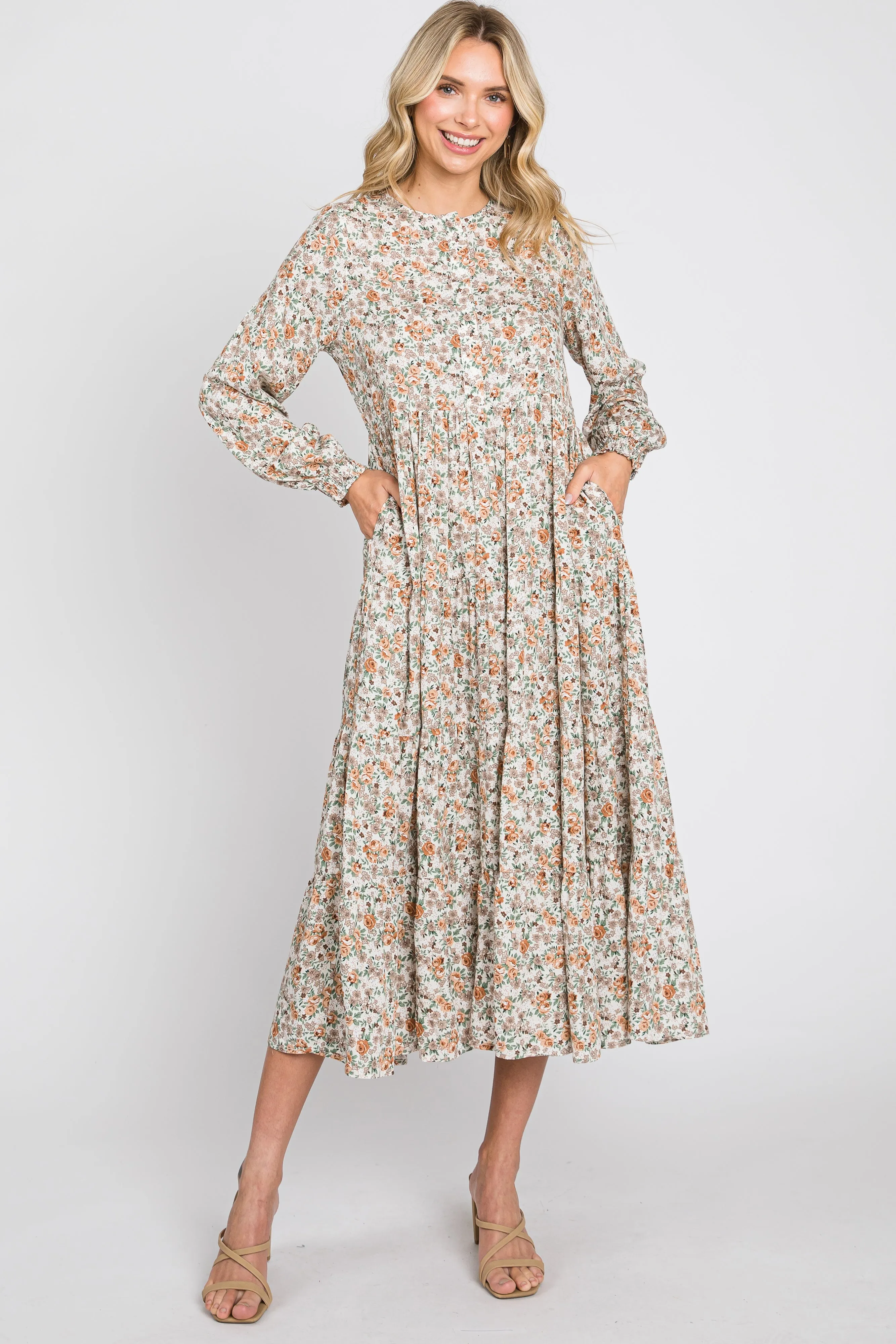 Beige Floral Button Front Long Sleeve Tiered Midi Dress