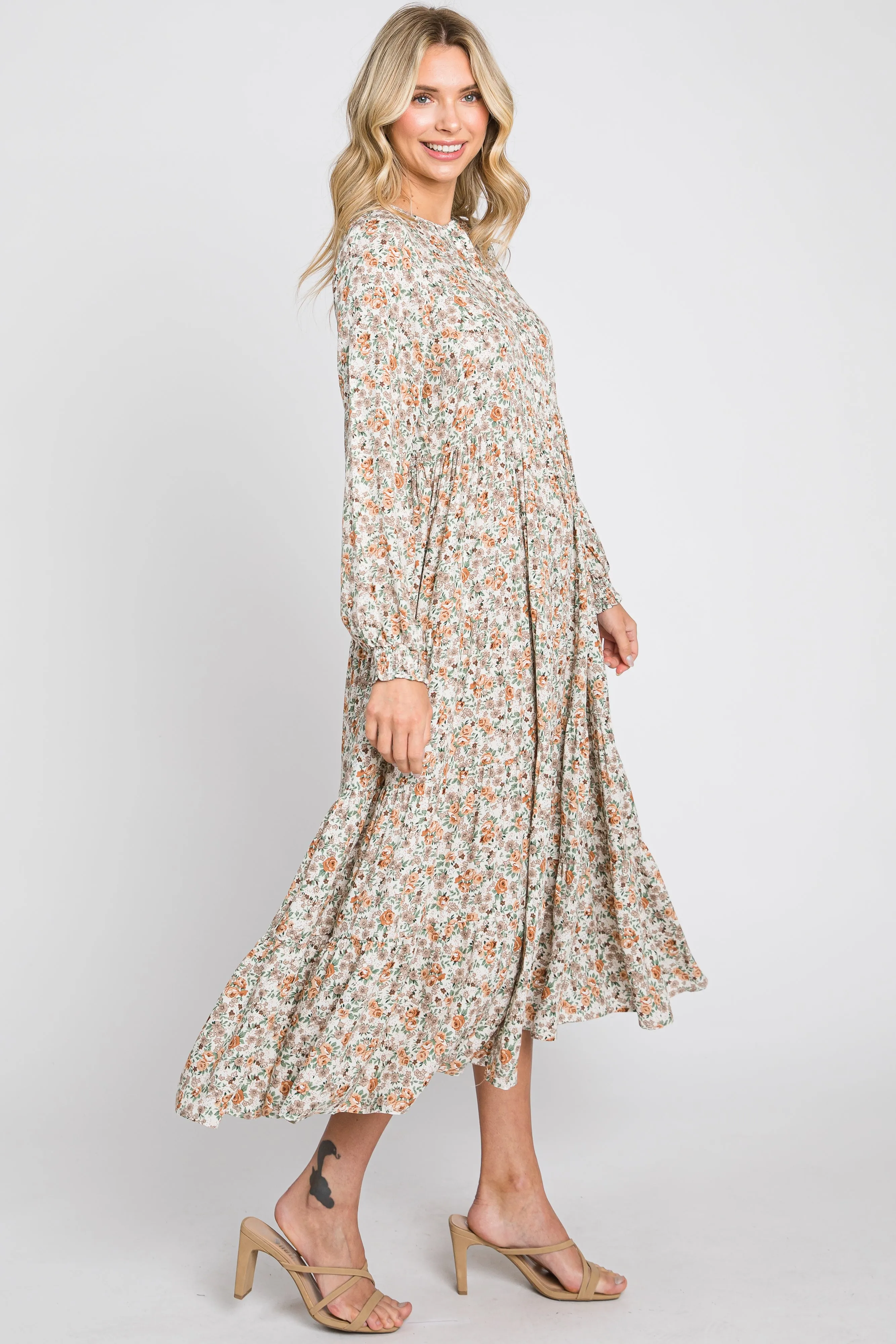 Beige Floral Button Front Long Sleeve Tiered Midi Dress