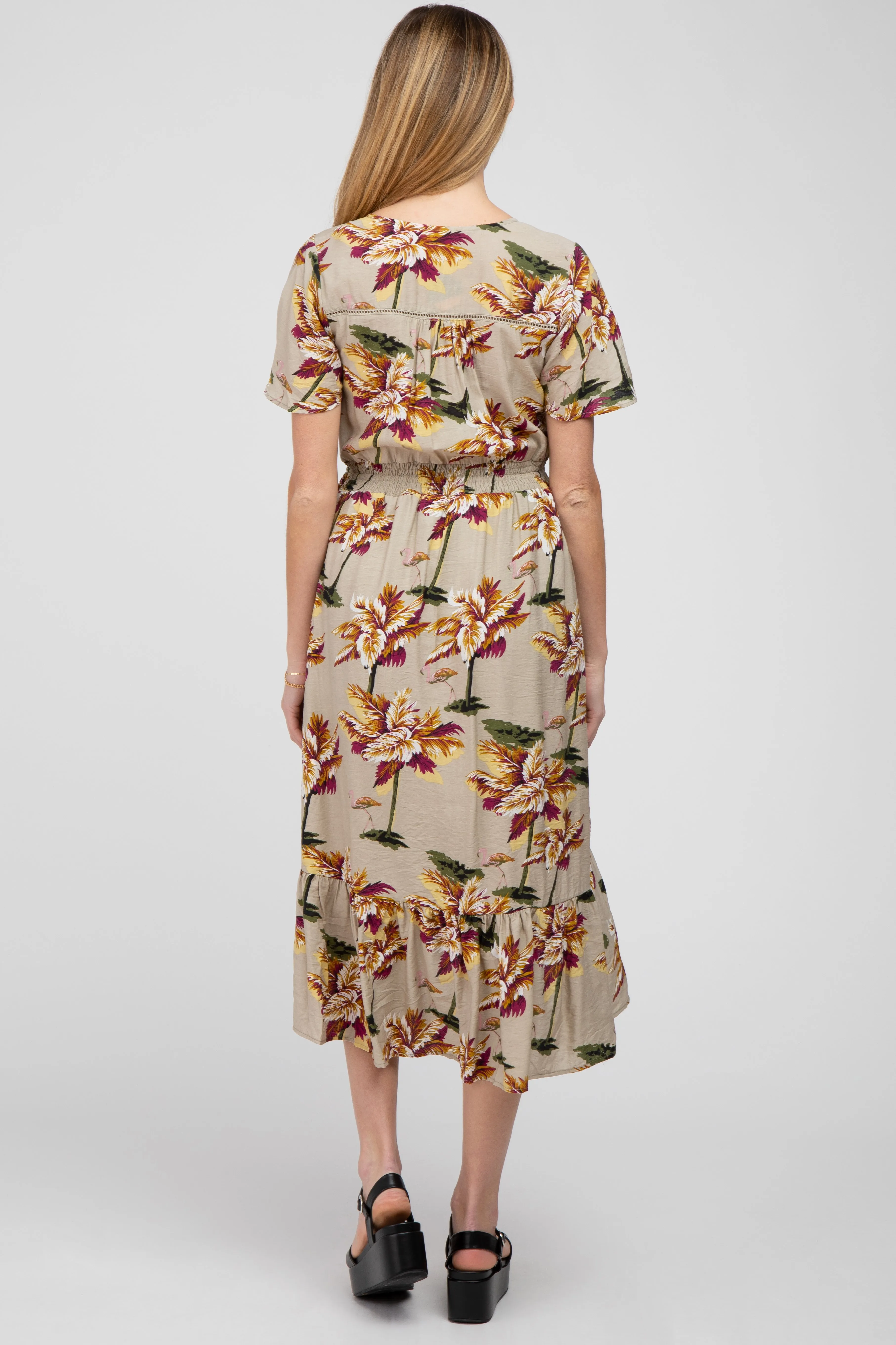 Beige Floral Button Maternity Midi Dress