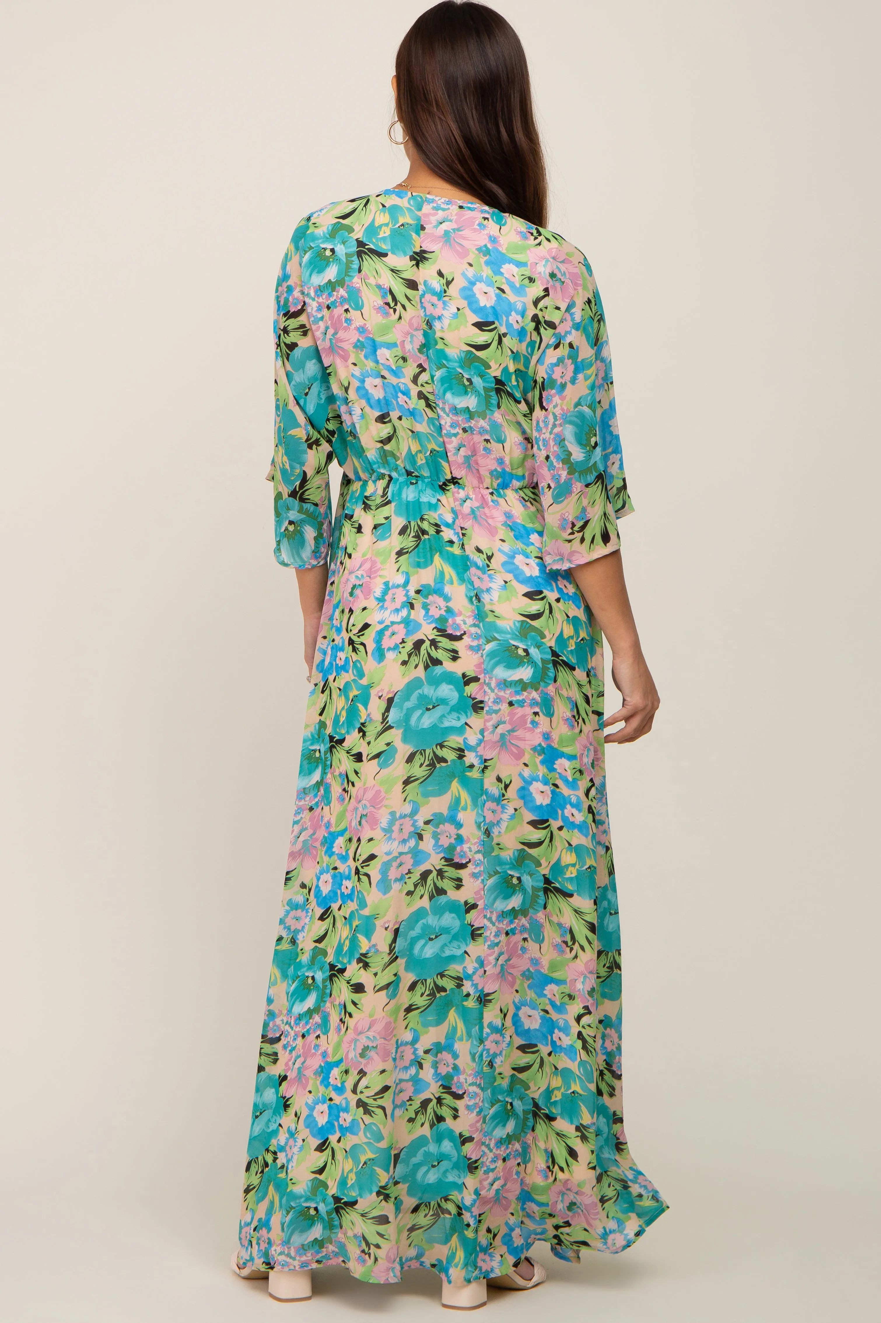 Beige Floral Chiffon Half Length Sleeve Maternity Maxi Dress