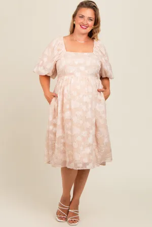 Beige Floral Embroidered Short Puff Sleeve Maternity Plus Dress