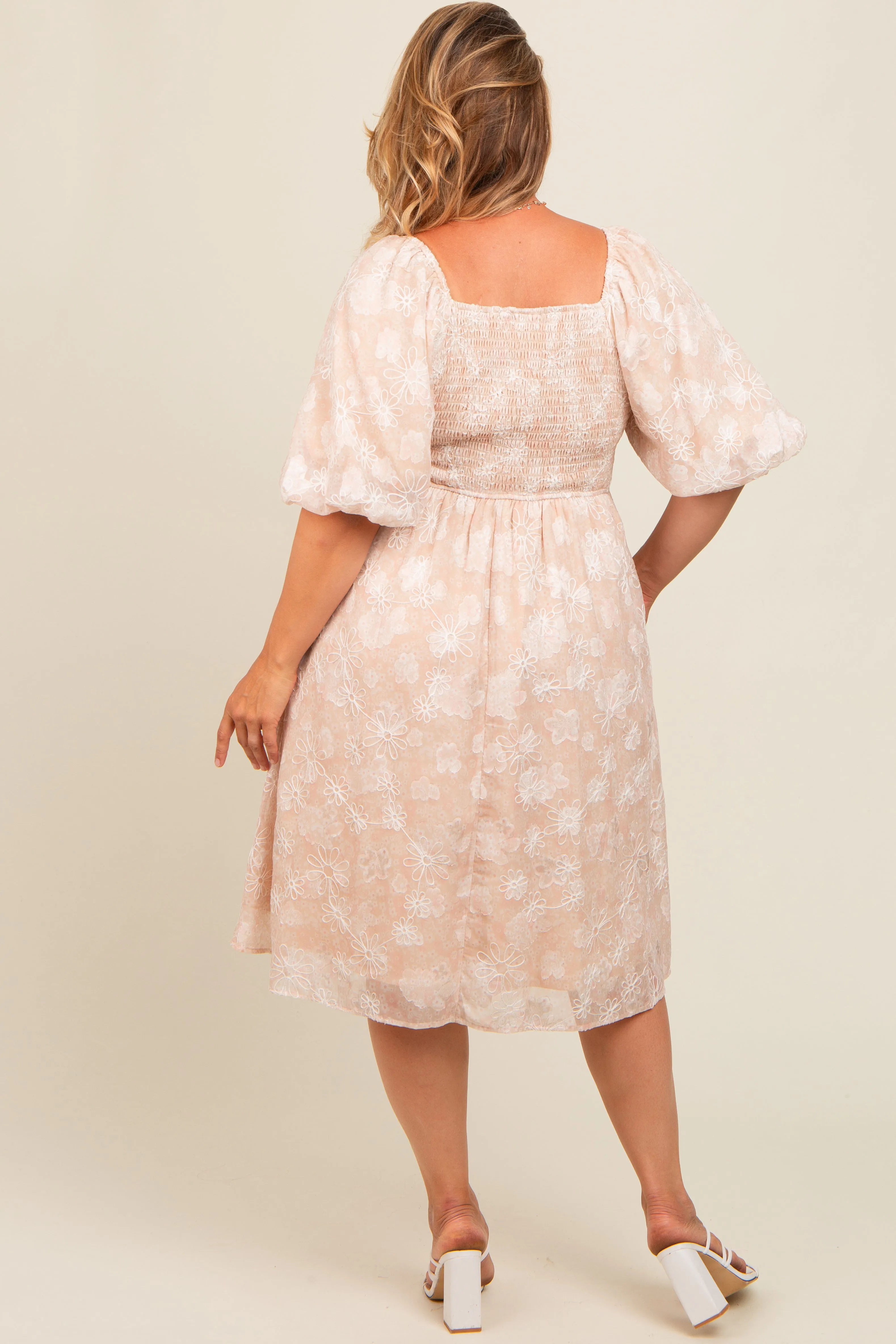 Beige Floral Embroidered Short Puff Sleeve Maternity Plus Dress