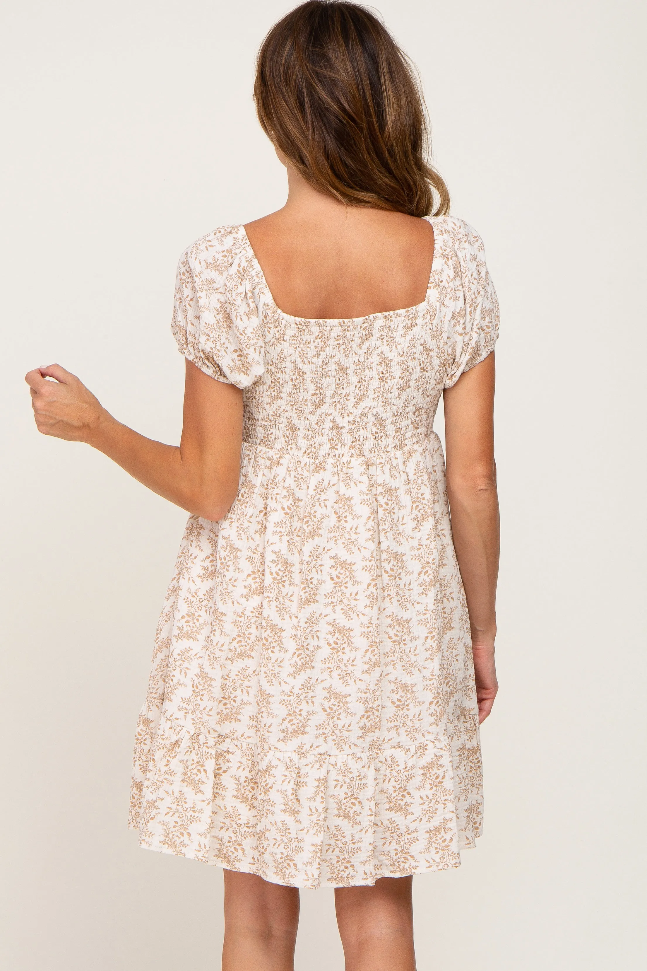 Beige Floral Gauze Short Puff Sleeve Mini Dress