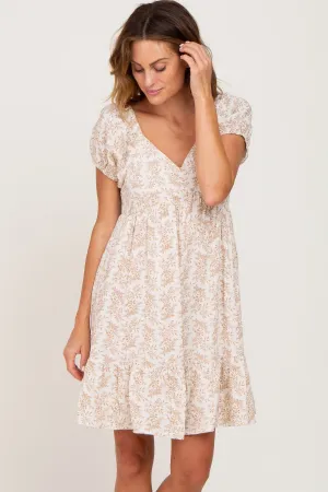 Beige Floral Gauze Short Puff Sleeve Mini Dress