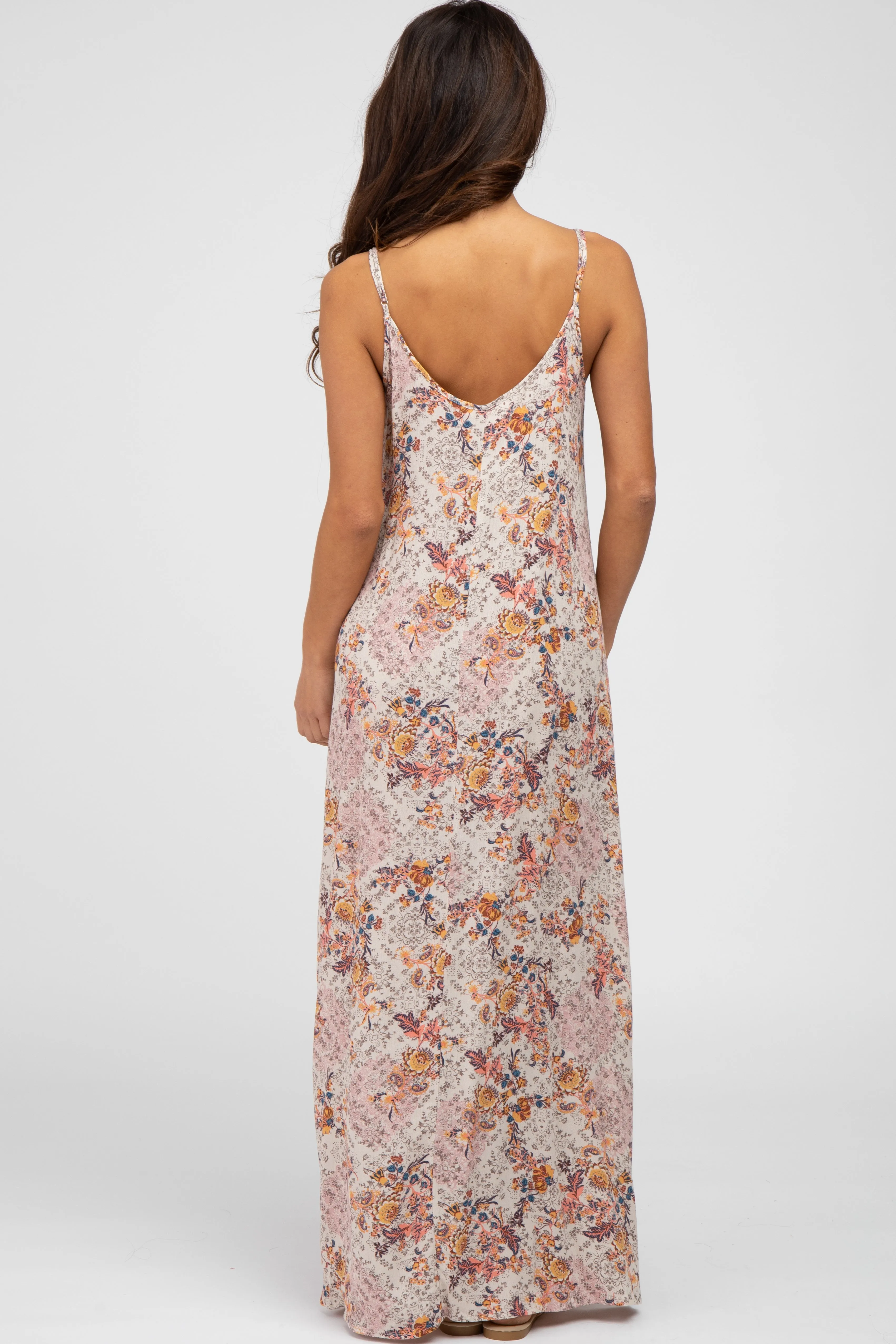 Beige Floral Paisely Side Slit Maxi Dress