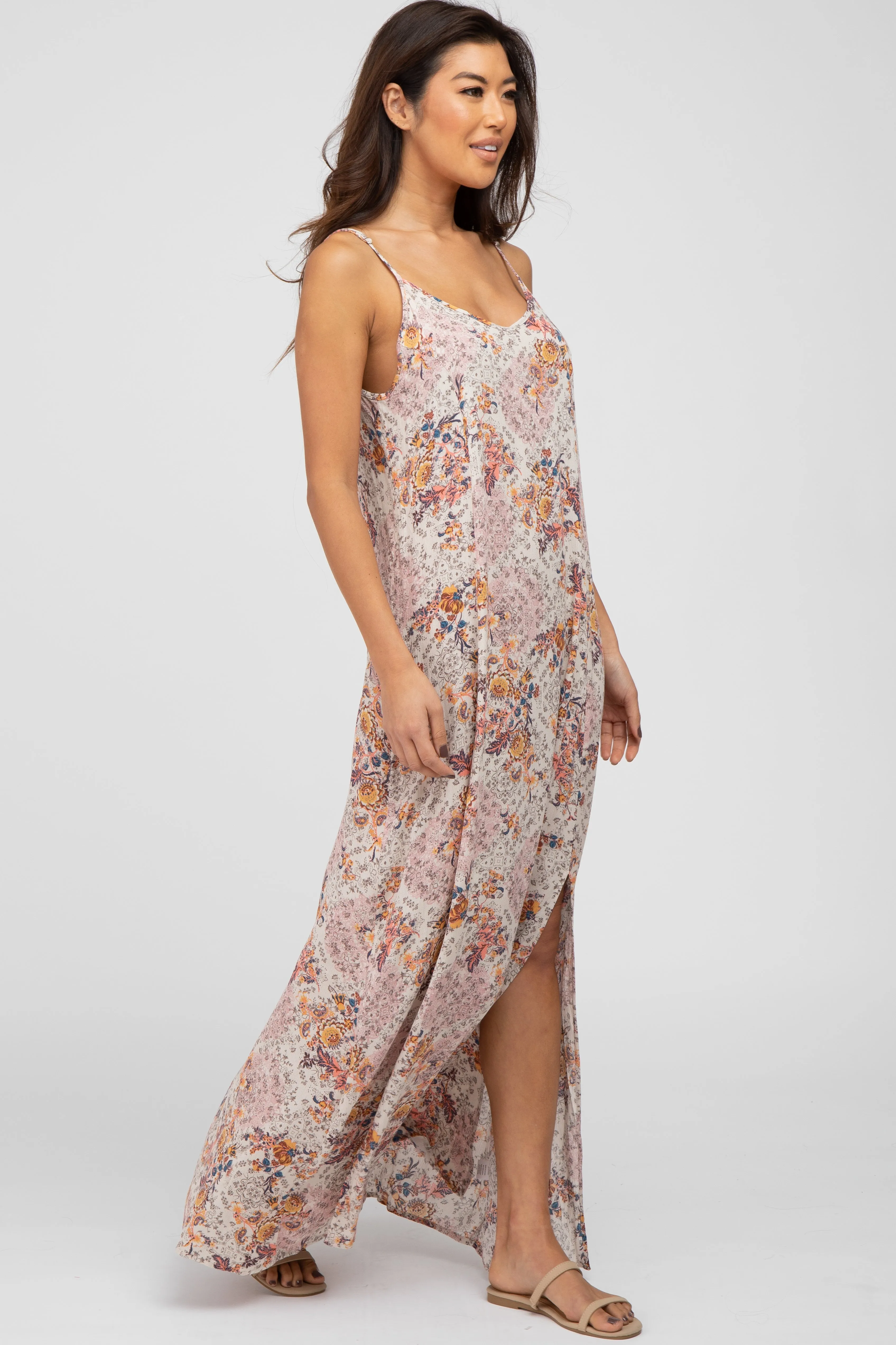 Beige Floral Paisely Side Slit Maxi Dress