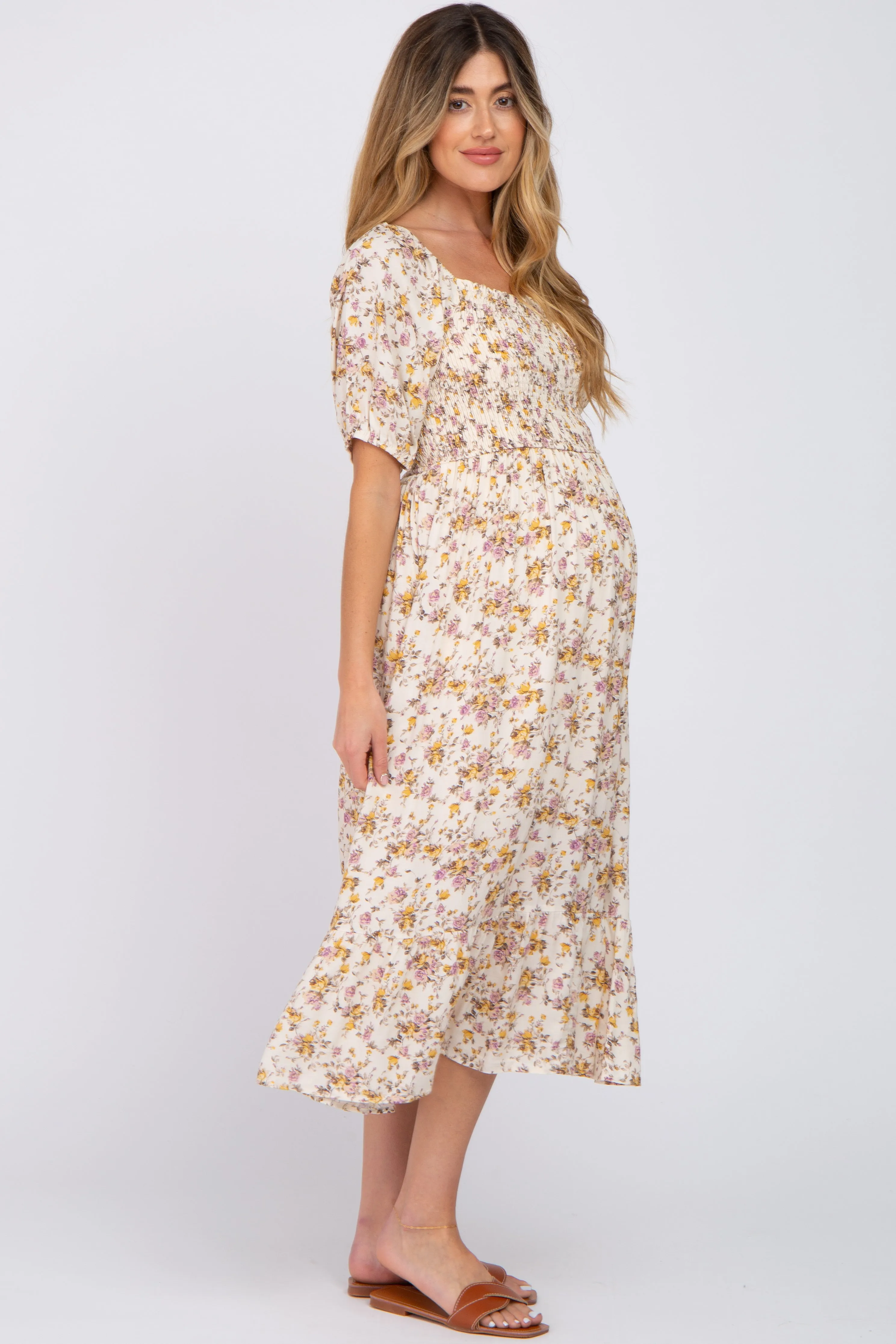 Beige Floral Puff Sleeve Maternity Midi Dress