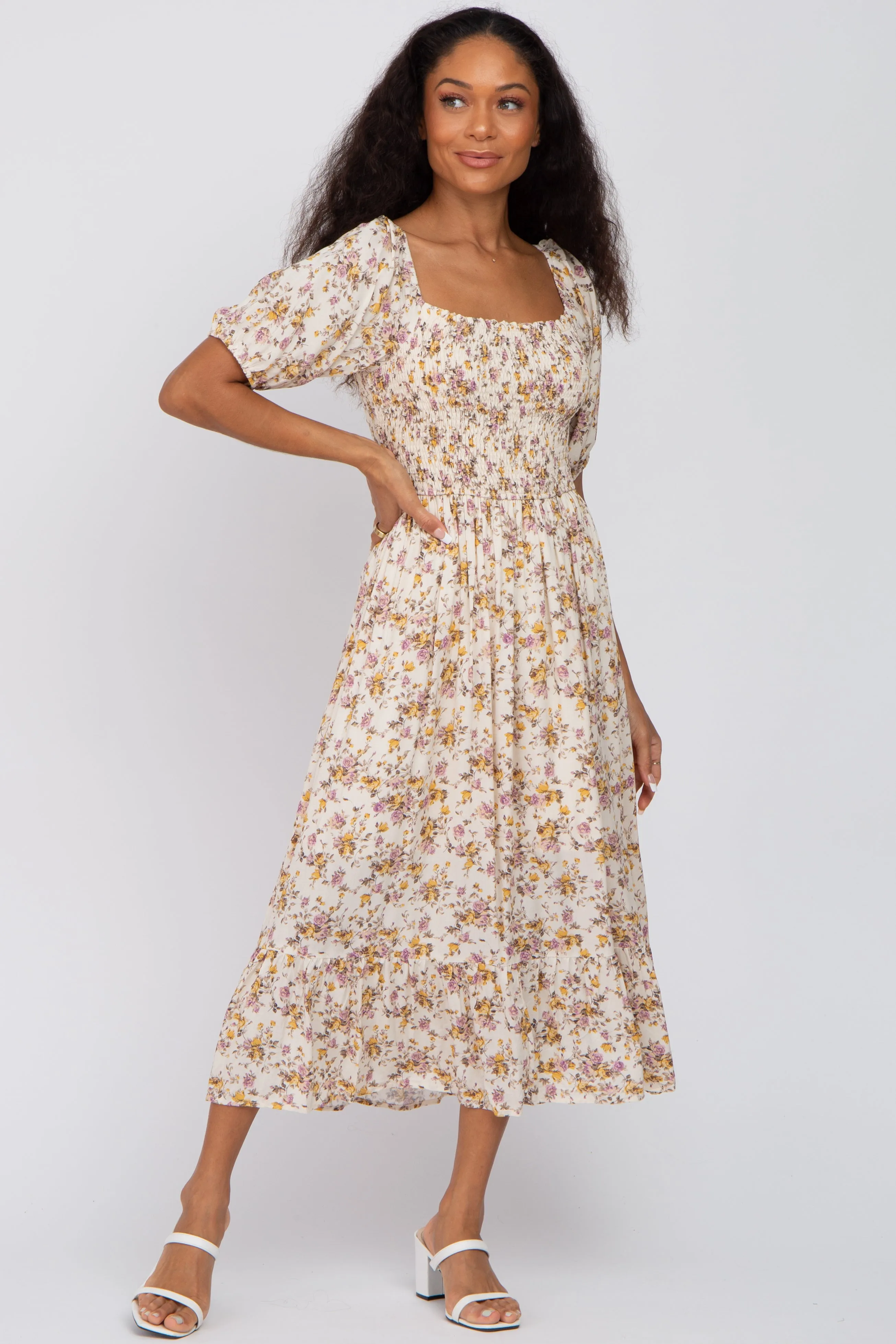 Beige Floral Puff Sleeve Maternity Midi Dress