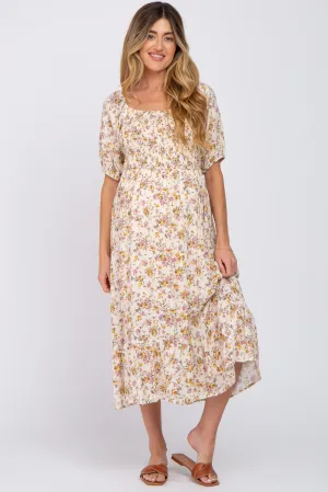 Beige Floral Puff Sleeve Maternity Midi Dress