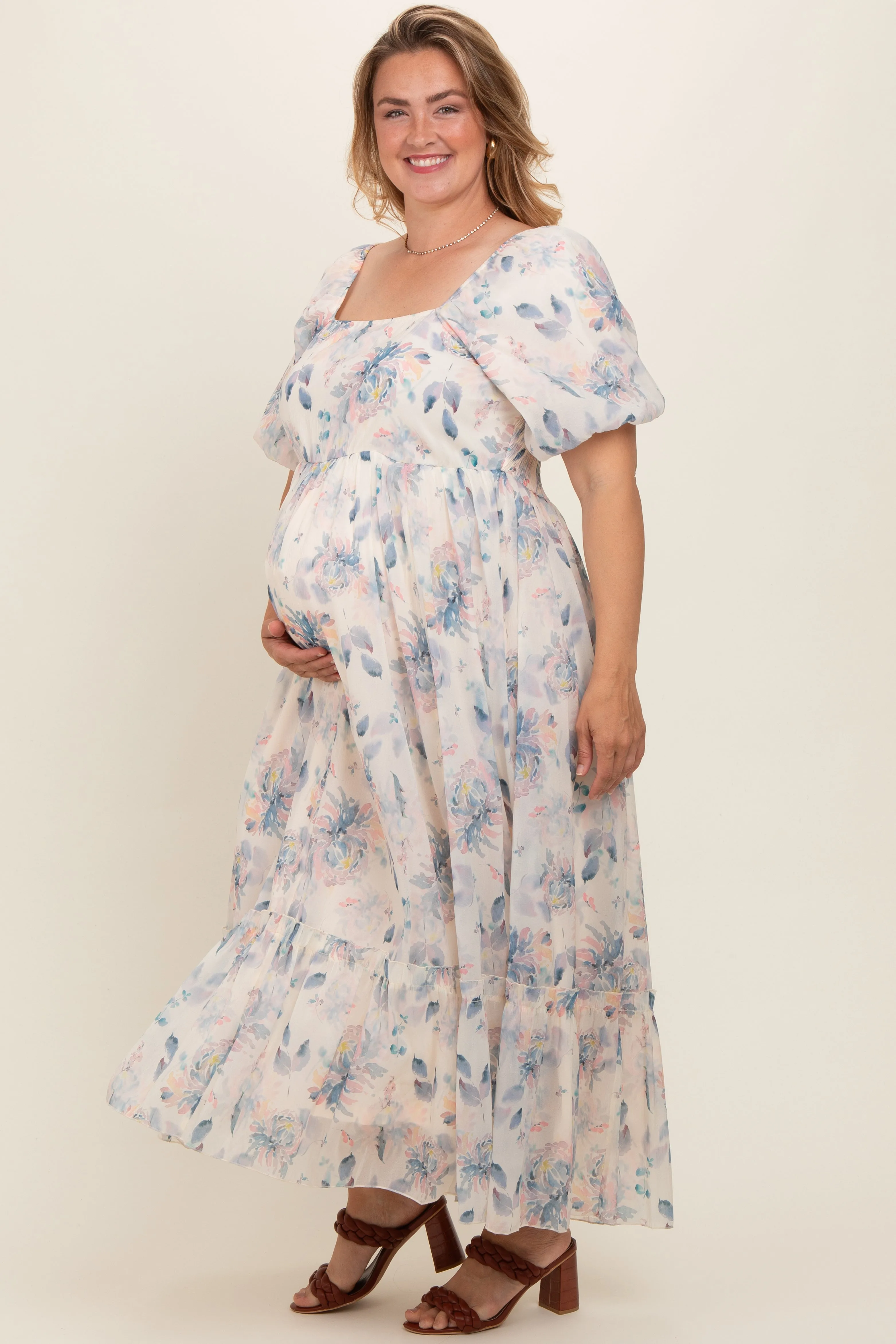 Beige Floral Puff Sleeve Plus Maternity Maxi Dress