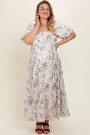 Beige Floral Puff Sleeve Plus Maternity Maxi Dress