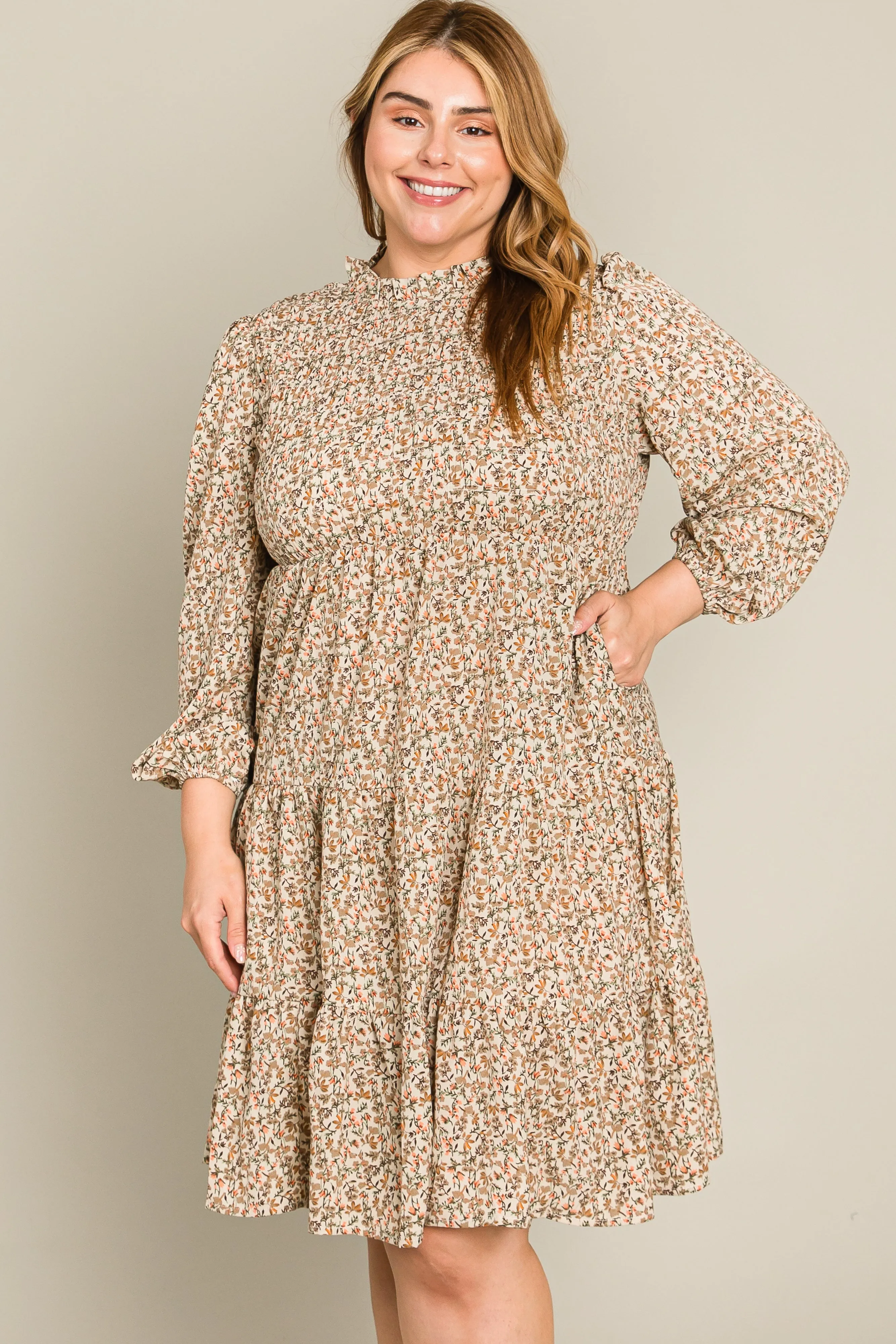 Beige Floral Shirred Mock Neck Plus Dress