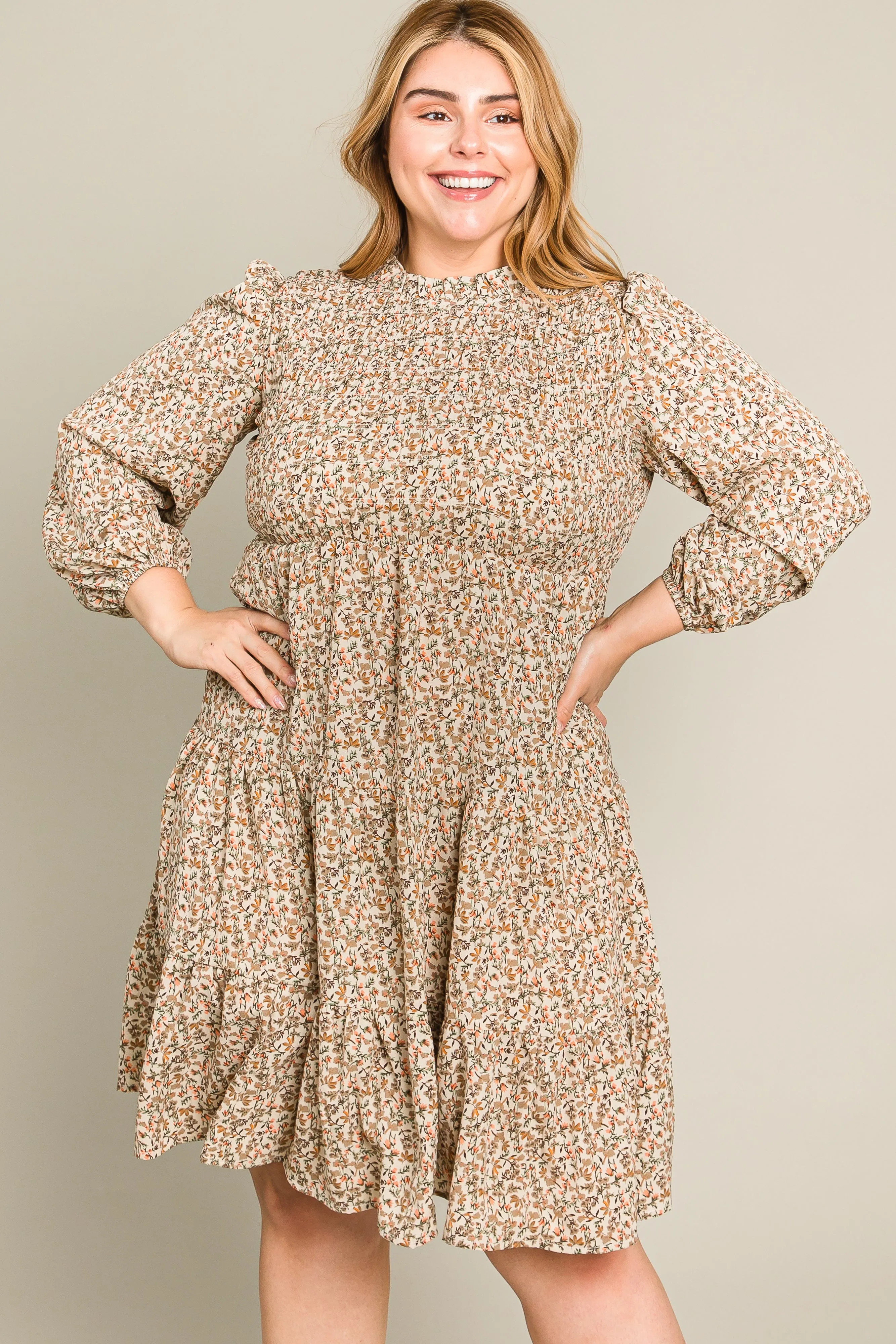 Beige Floral Shirred Mock Neck Plus Dress