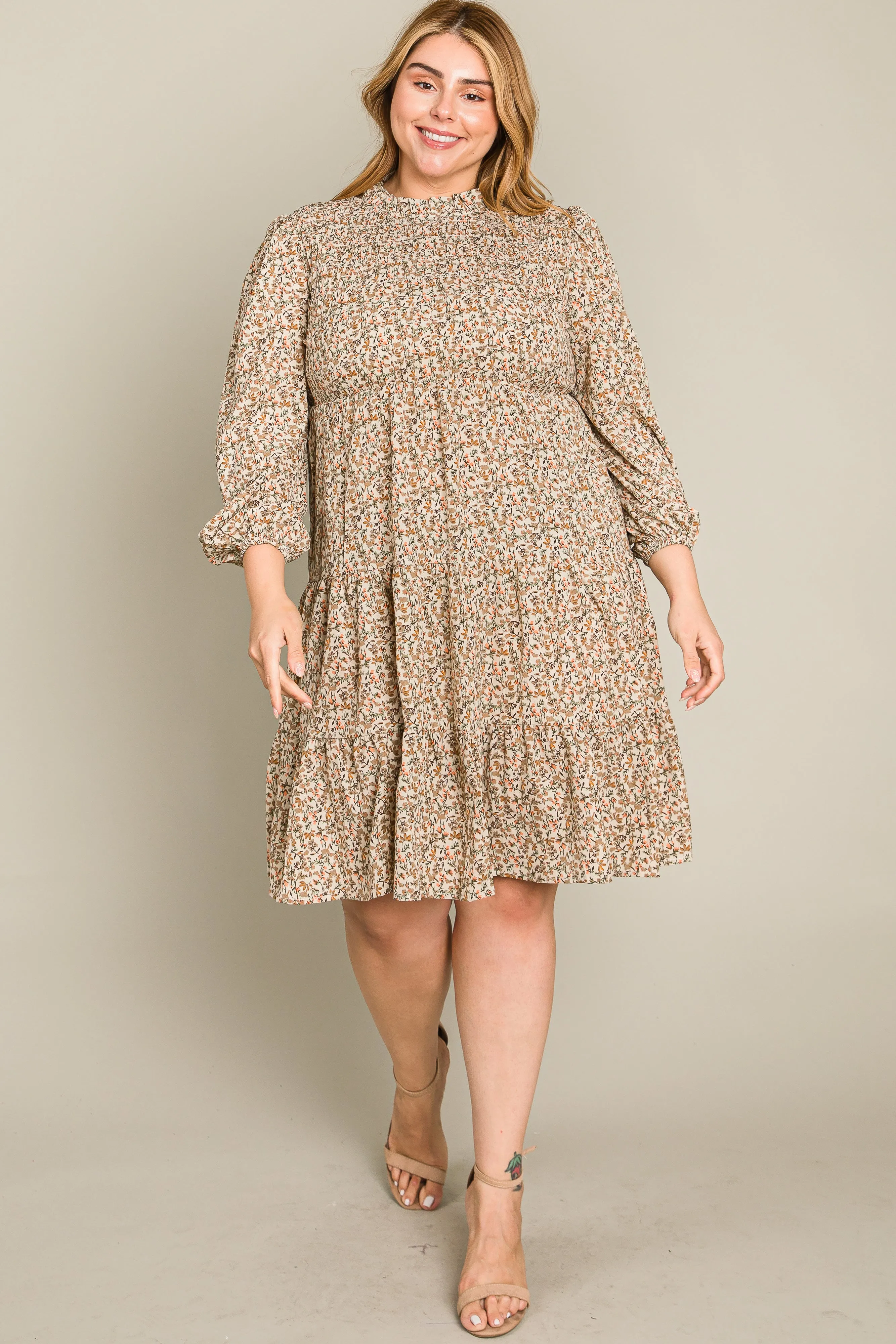 Beige Floral Shirred Mock Neck Plus Dress