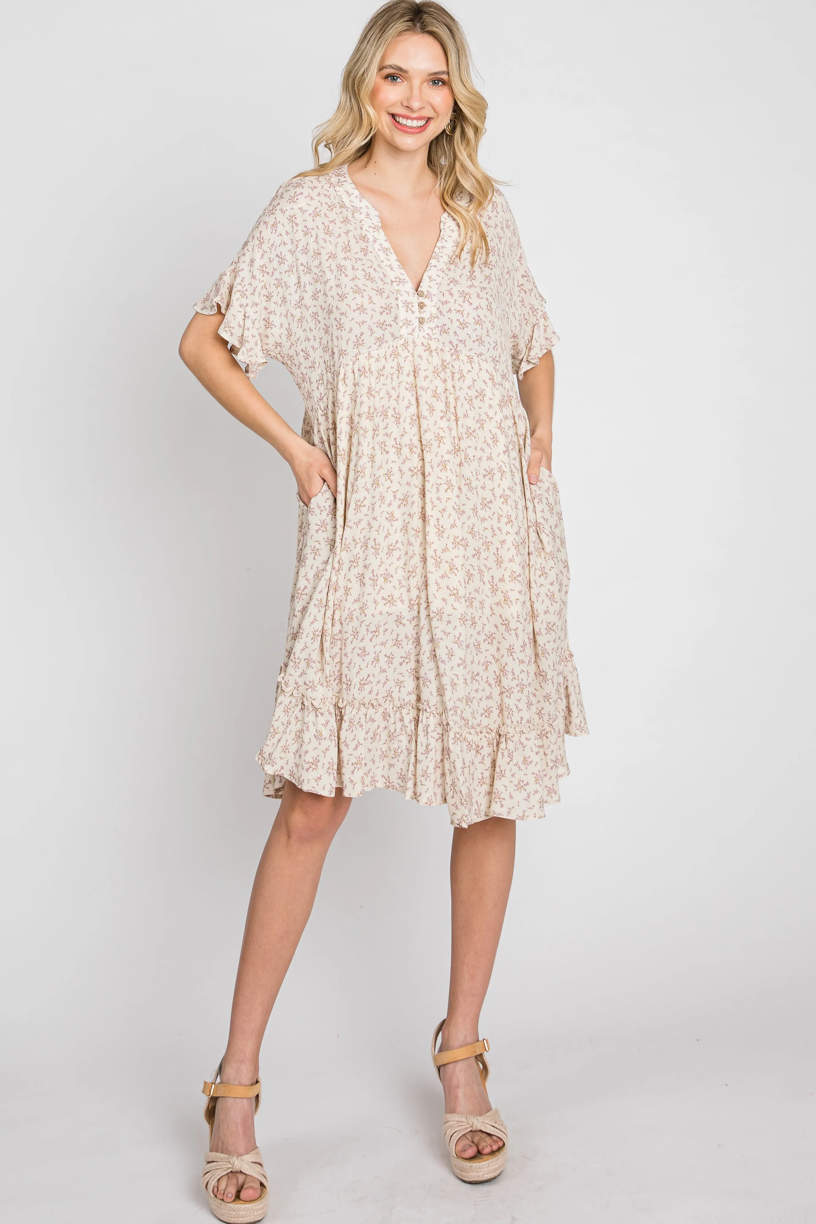 Beige Floral Short Sleeve Ruffle Hem Dress