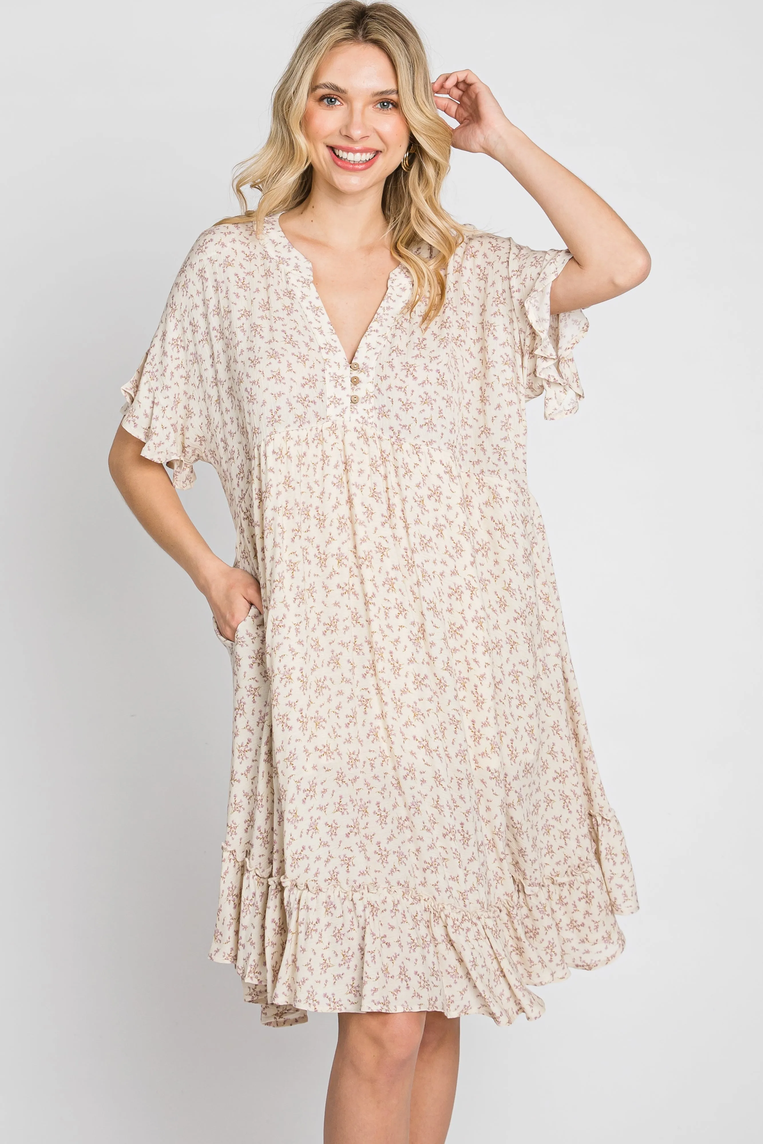 Beige Floral Short Sleeve Ruffle Hem Dress