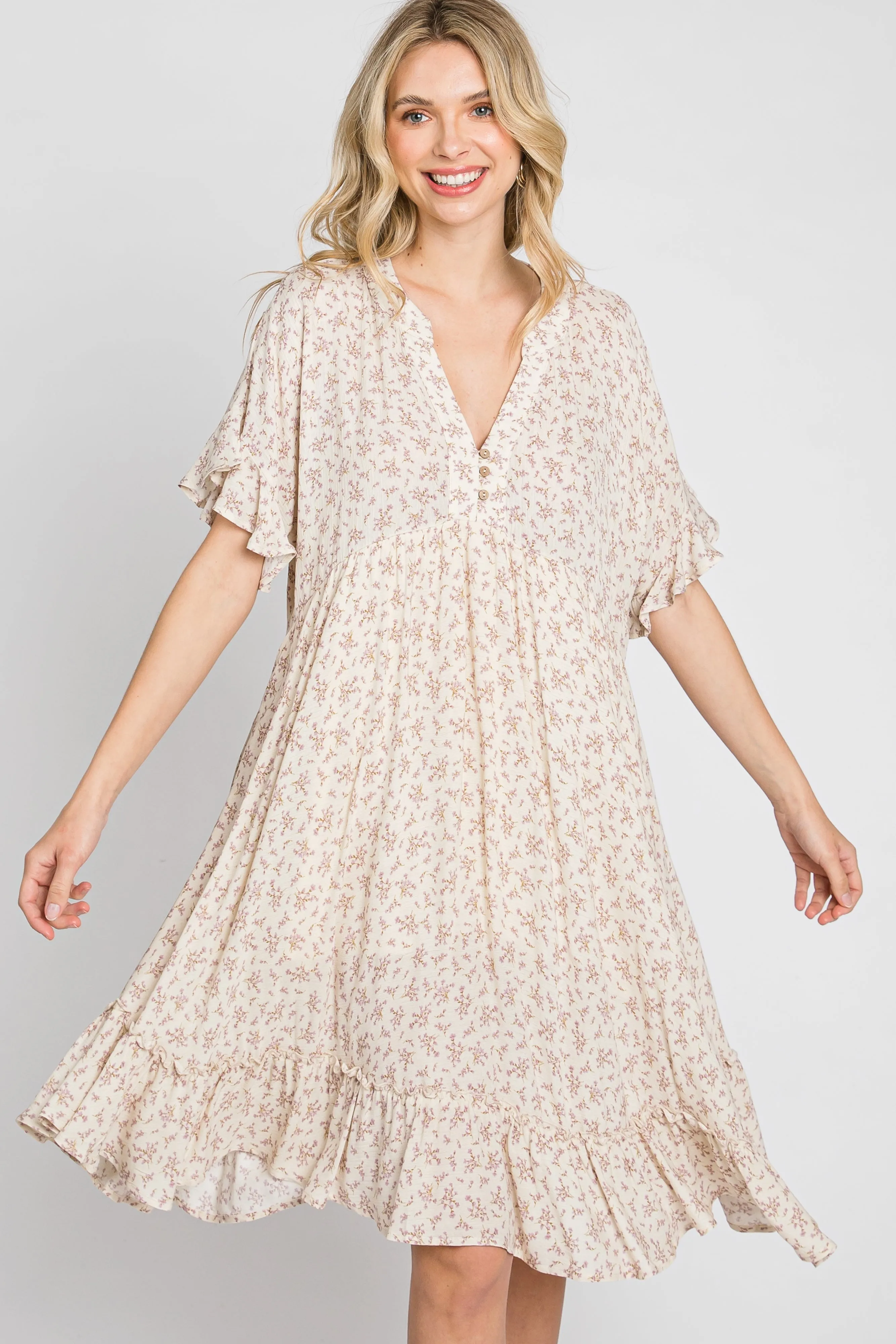 Beige Floral Short Sleeve Ruffle Hem Dress