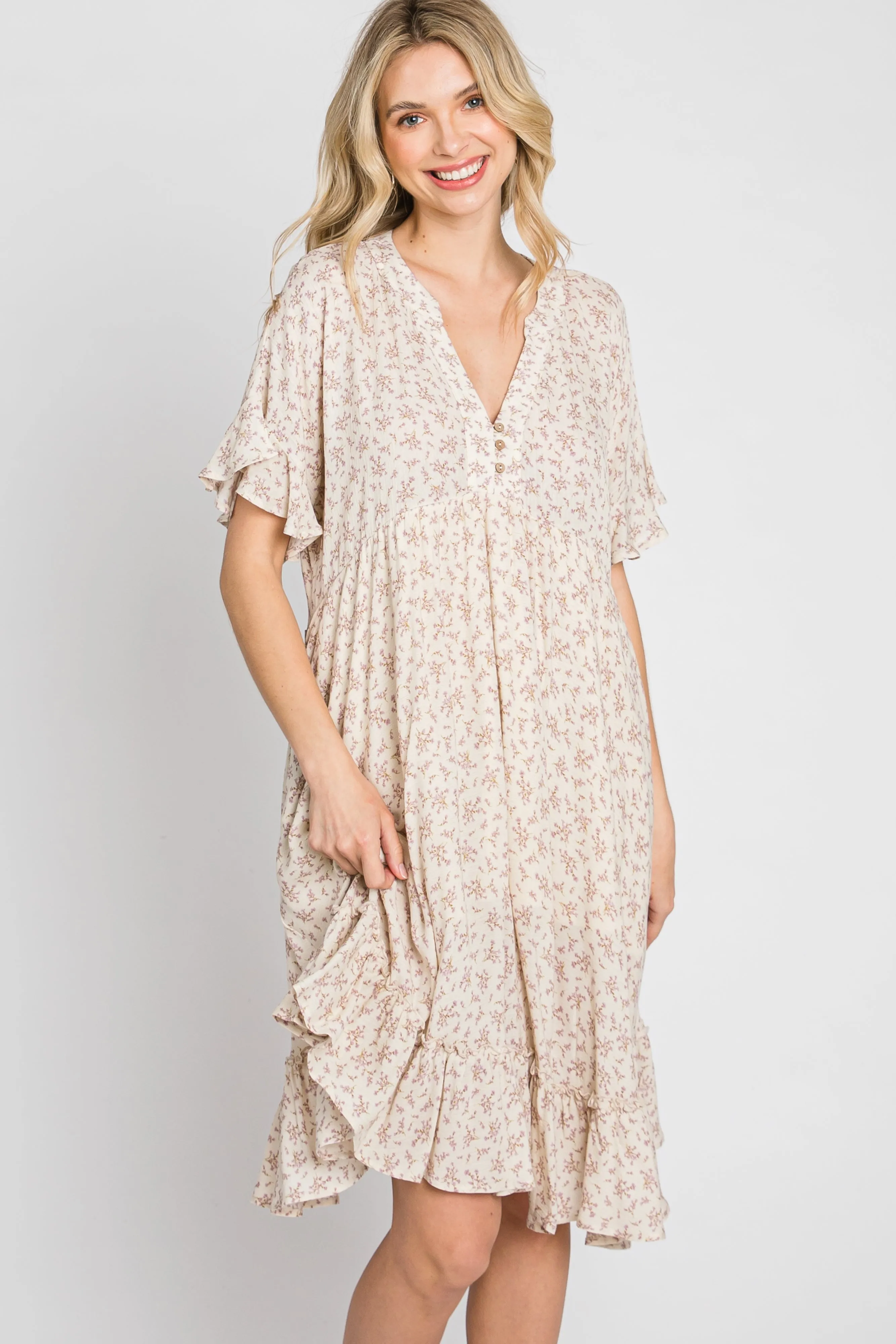 Beige Floral Short Sleeve Ruffle Hem Dress