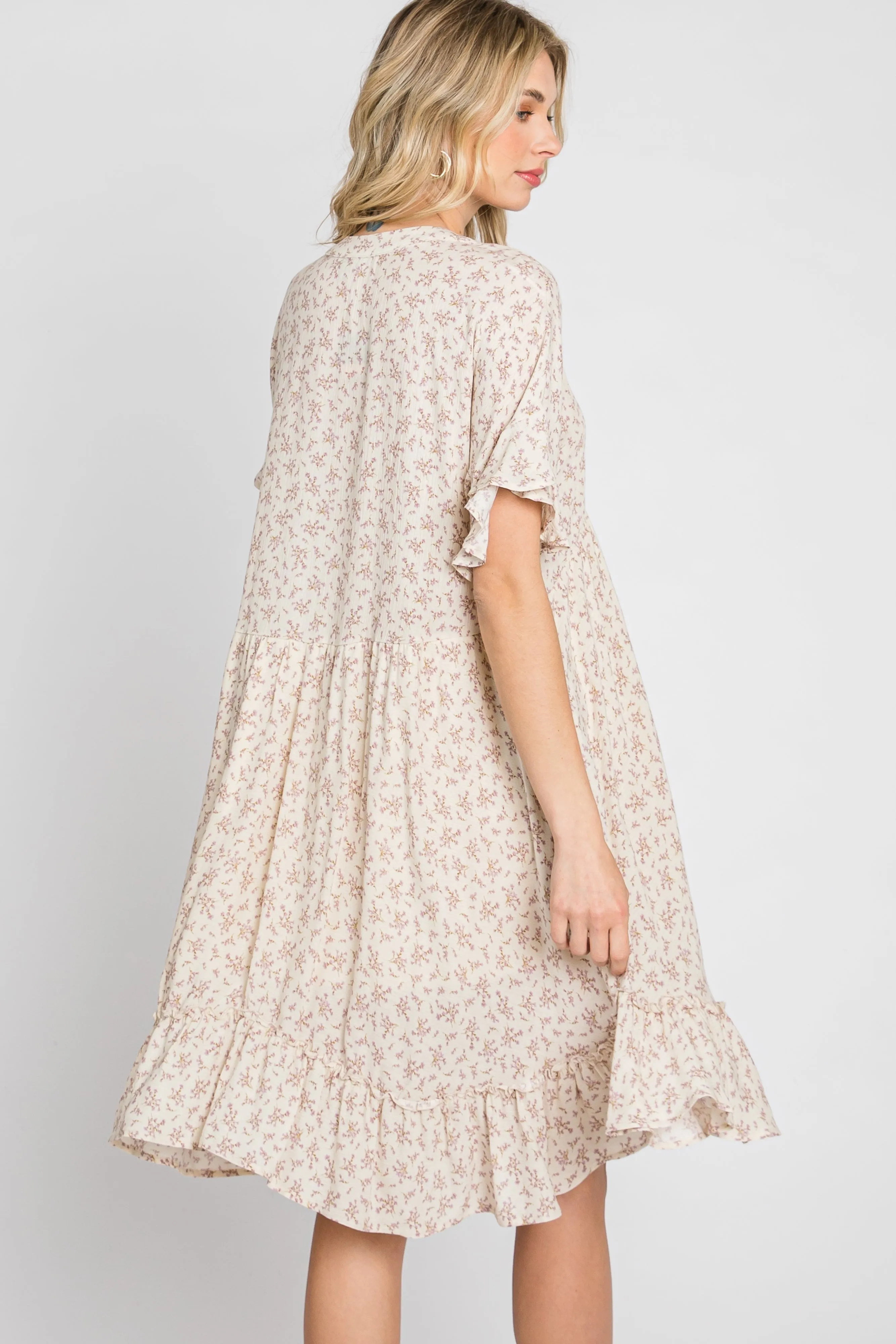 Beige Floral Short Sleeve Ruffle Hem Dress