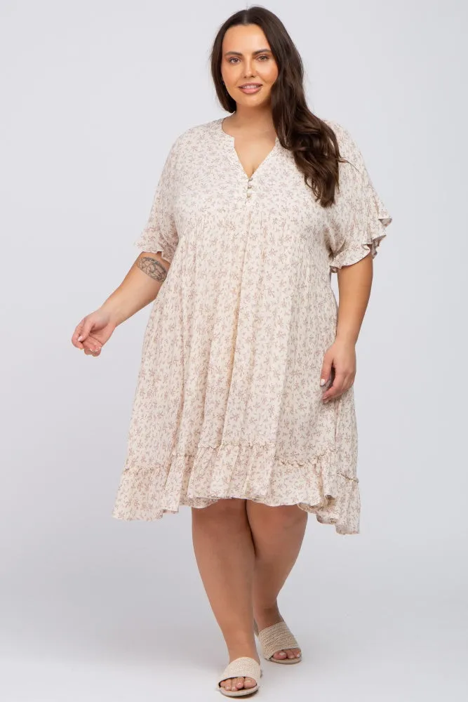 Beige Floral Short Sleeve Ruffle Hem Plus Maternity Dress