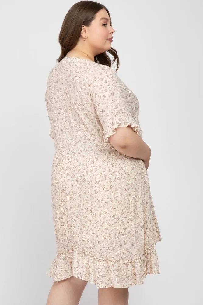 Beige Floral Short Sleeve Ruffle Hem Plus Maternity Dress