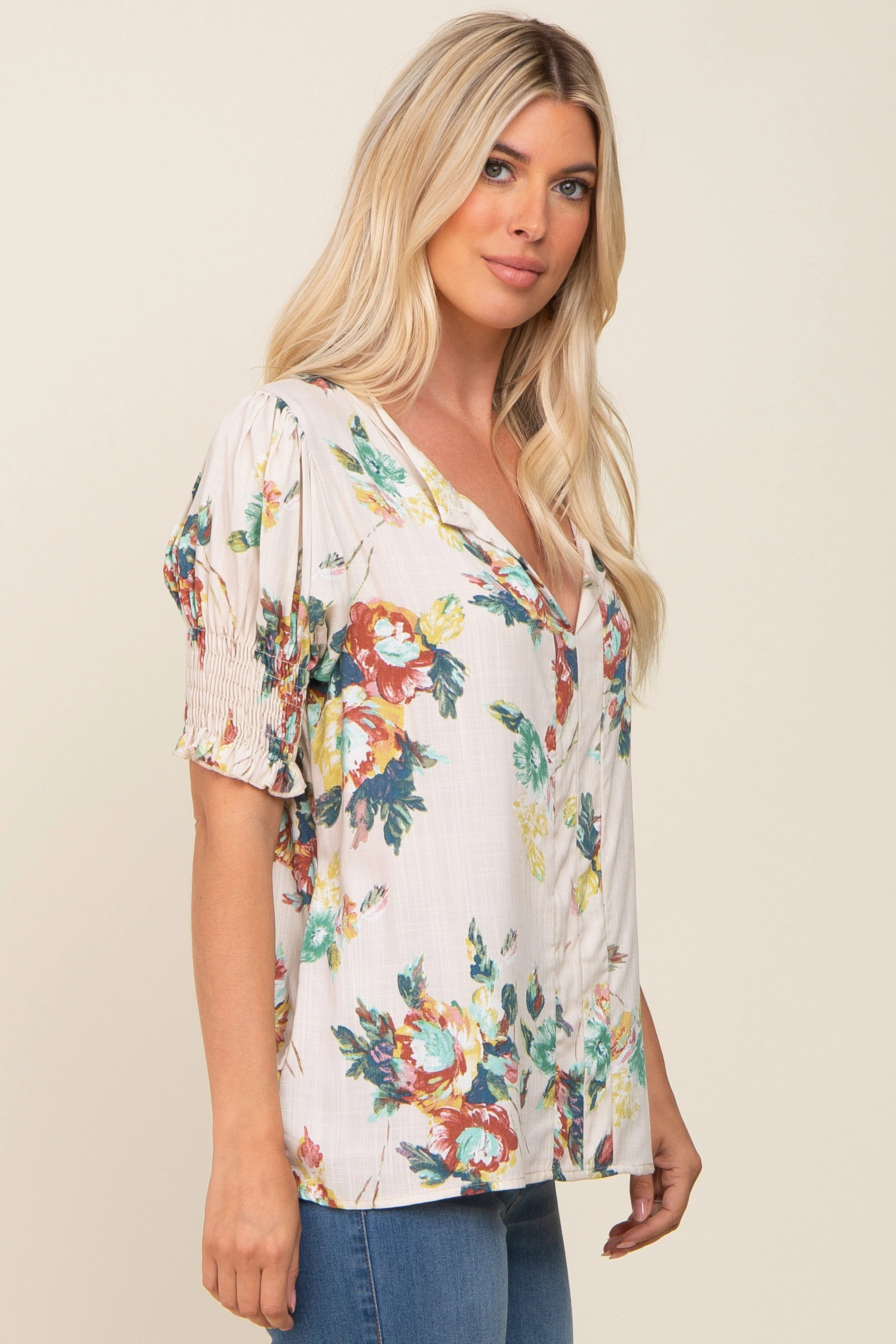 Beige Floral Smocked Sleeve Top