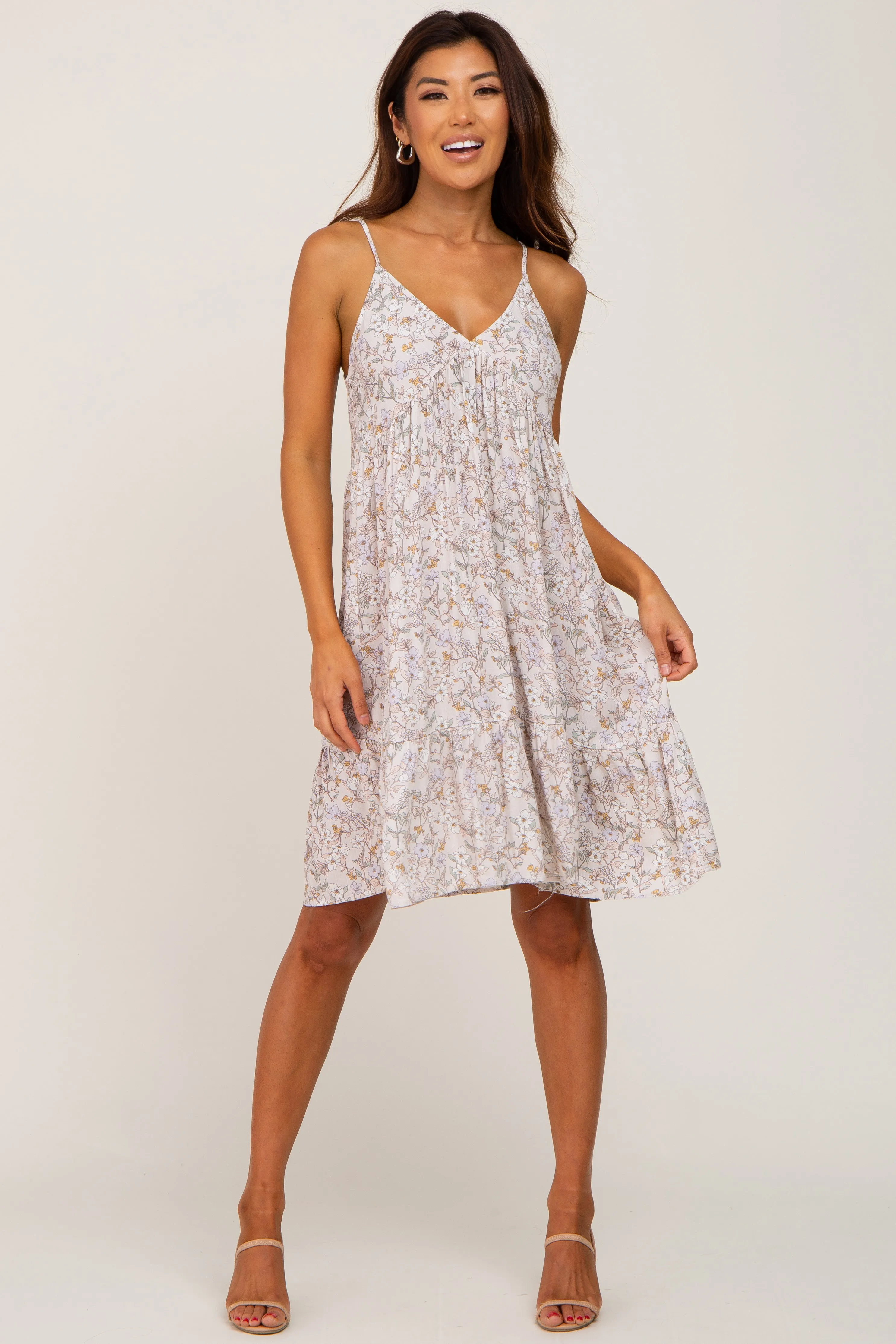 Beige Floral V-Neck Ruffle Hem Dress