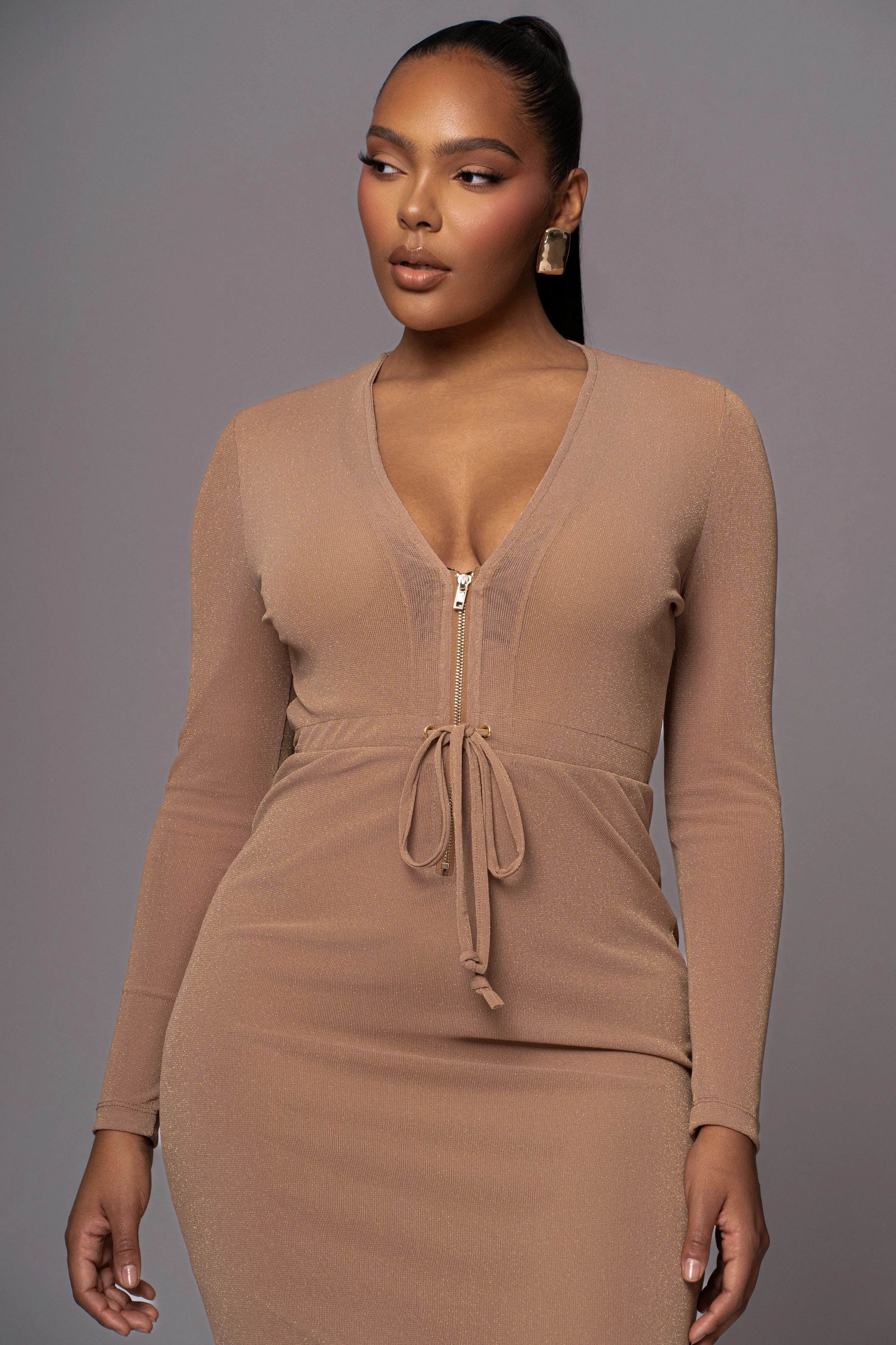 Beige Kimberley Zip Front Maxi Dress