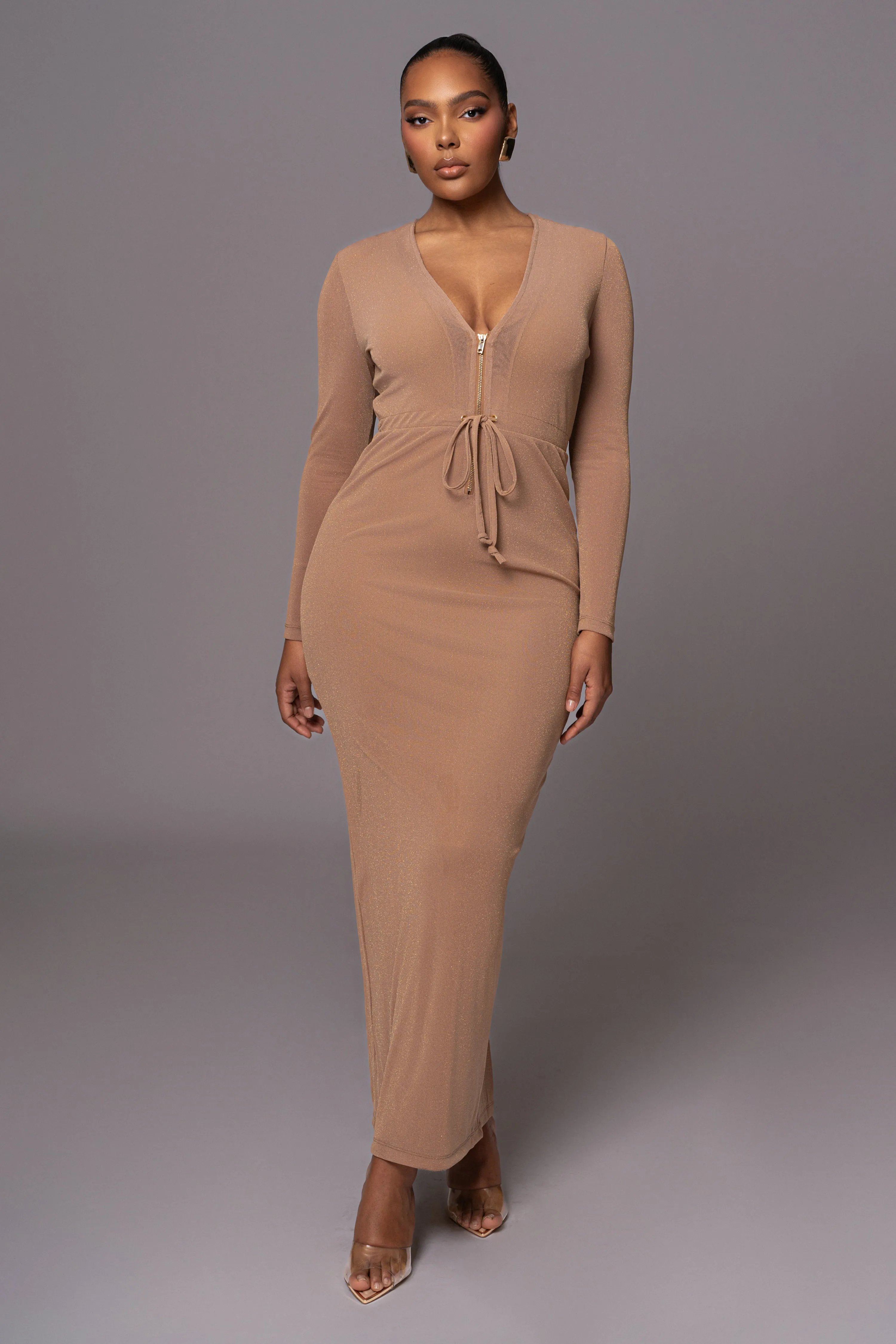 Beige Kimberley Zip Front Maxi Dress