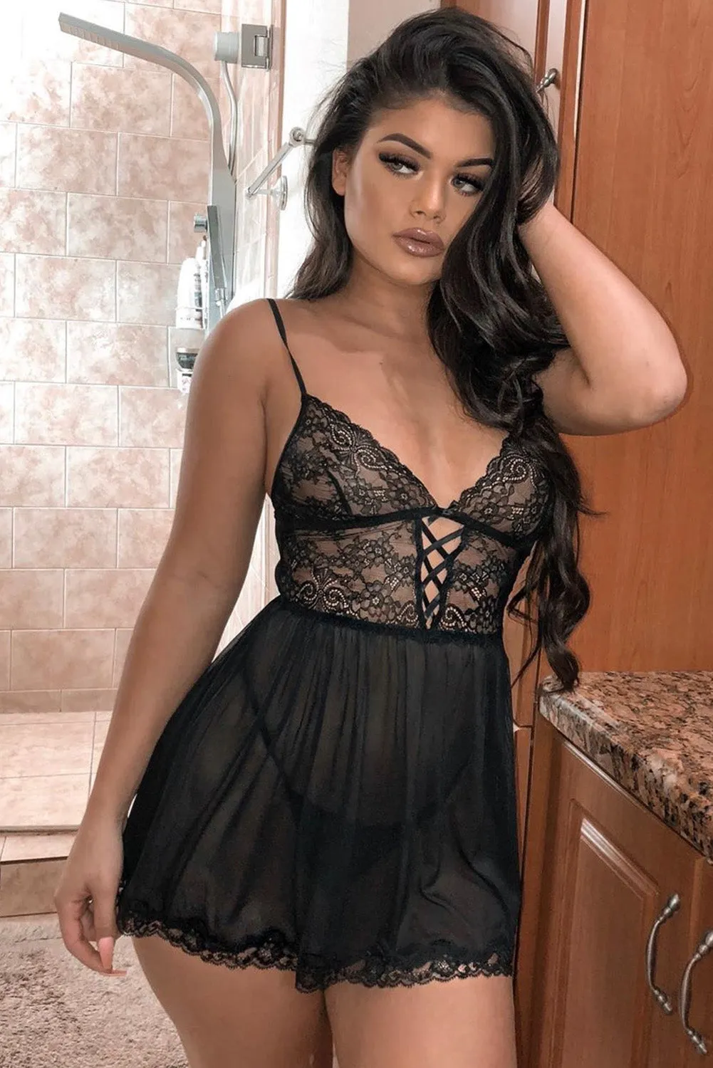 Black Deep Neck See Through Babydoll Set