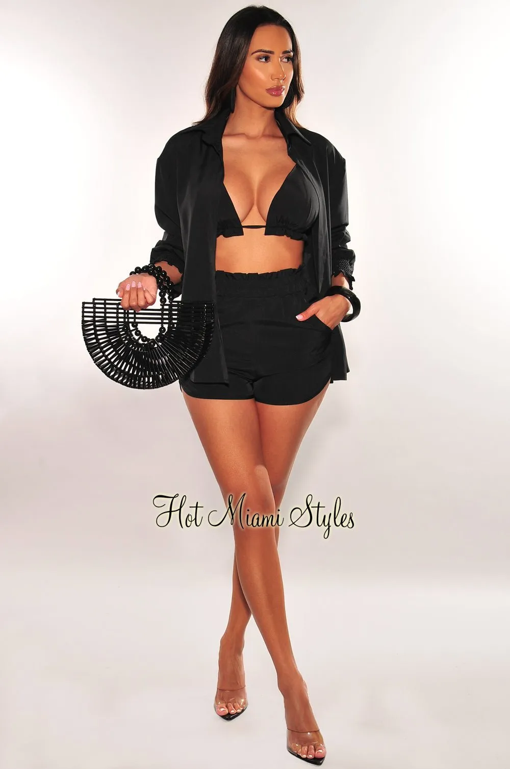 Black Long Sleeve Padded Top Shorts Three Piece Set