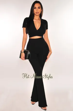 Black Ribbed Collared Wrap Crop Top Palazzo Pants Two Piece Set