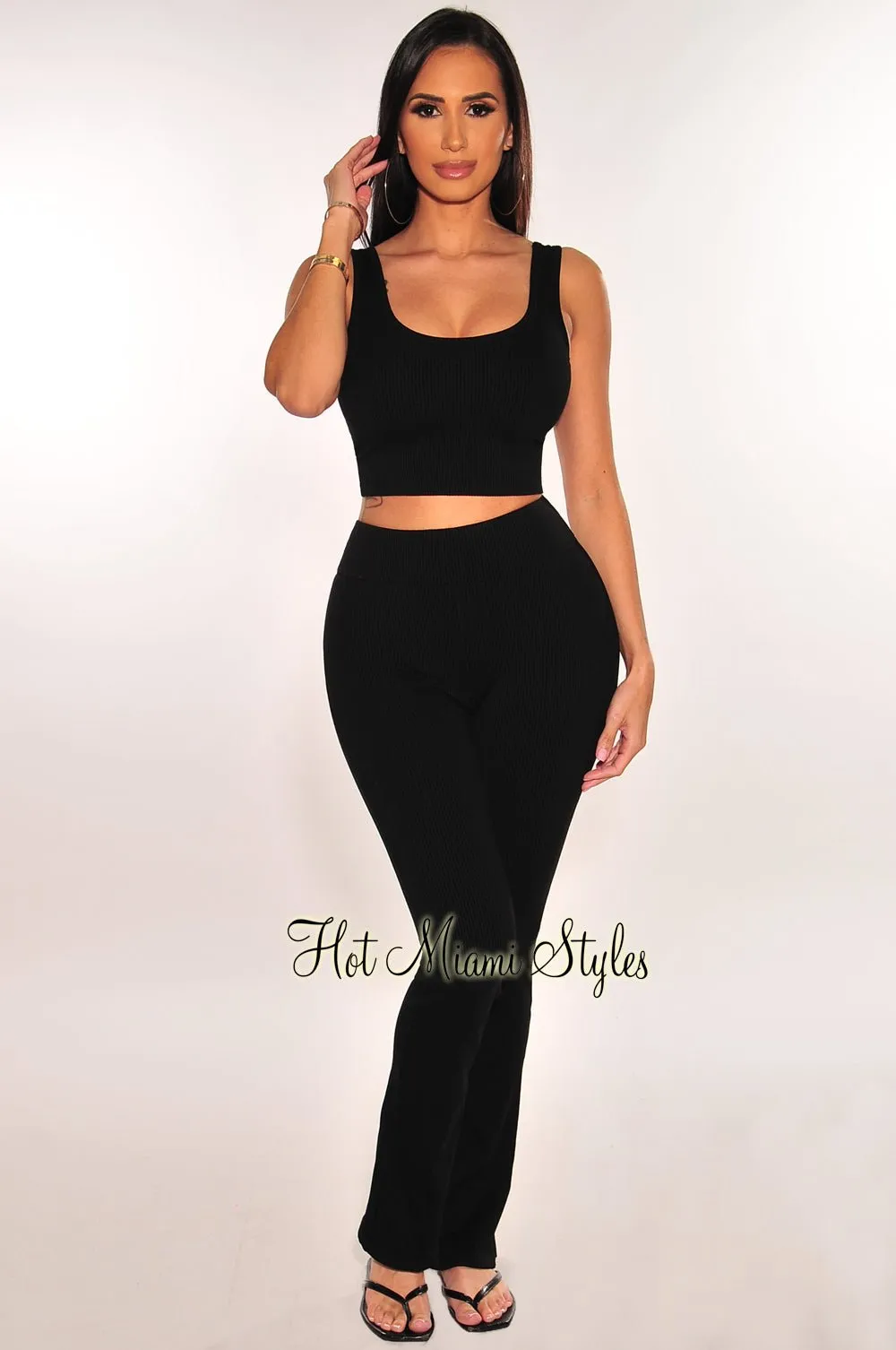 Black Ribbed Sleeveless Tank Flare Pants Two Piece Set