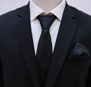 BLACK SELF TIE & pocket square set