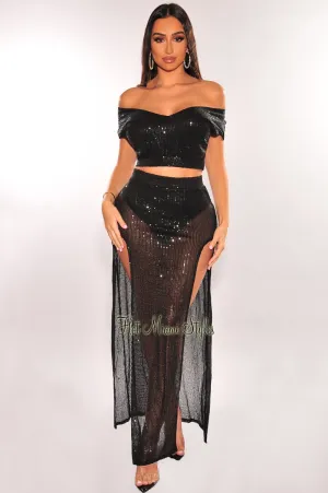 Black Sequins Sleeveless Double Slit Skirt Two Piece Set