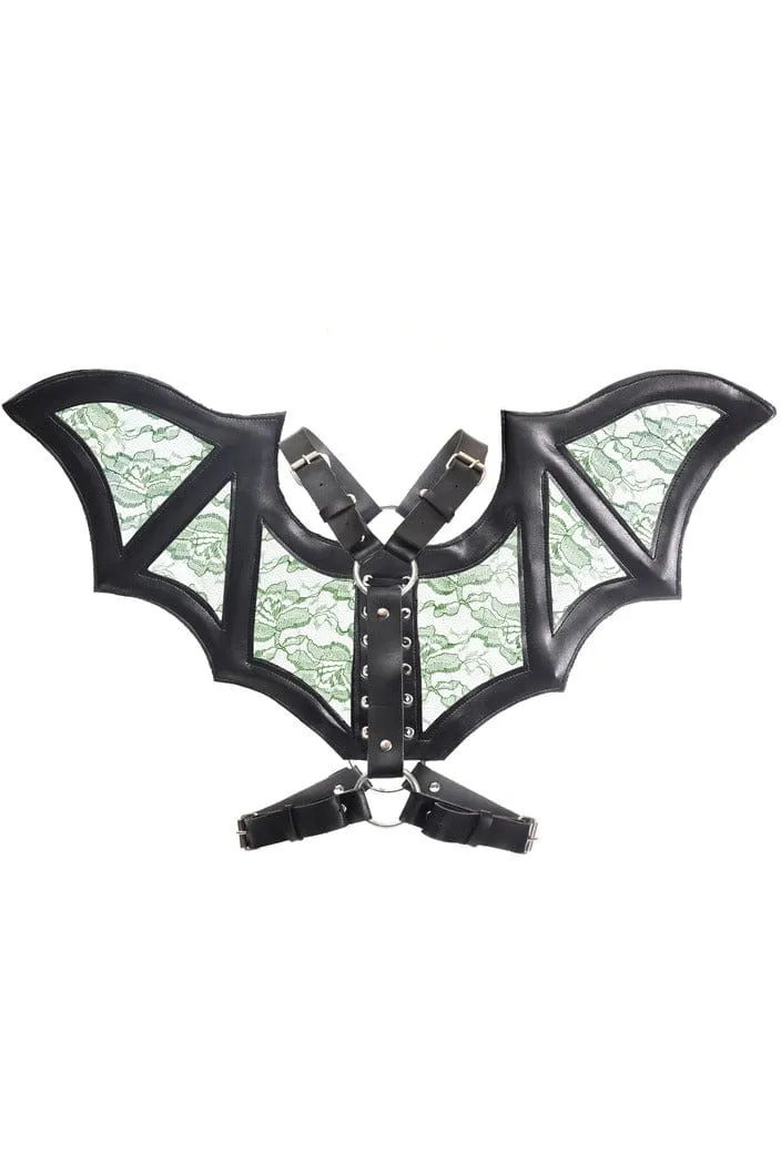 Black with Green Faux Leather & Lace Wing Harness